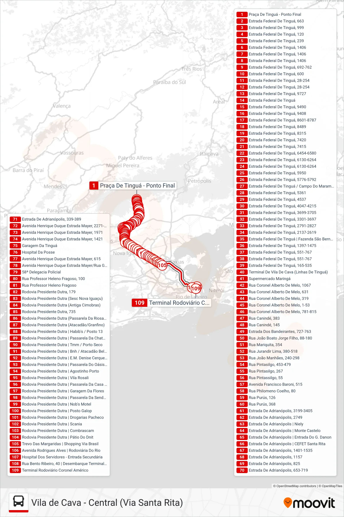 Rota e paradas da linha de ônibus 492B (Central (Rápido - Saída De Tinguá)) no mapa