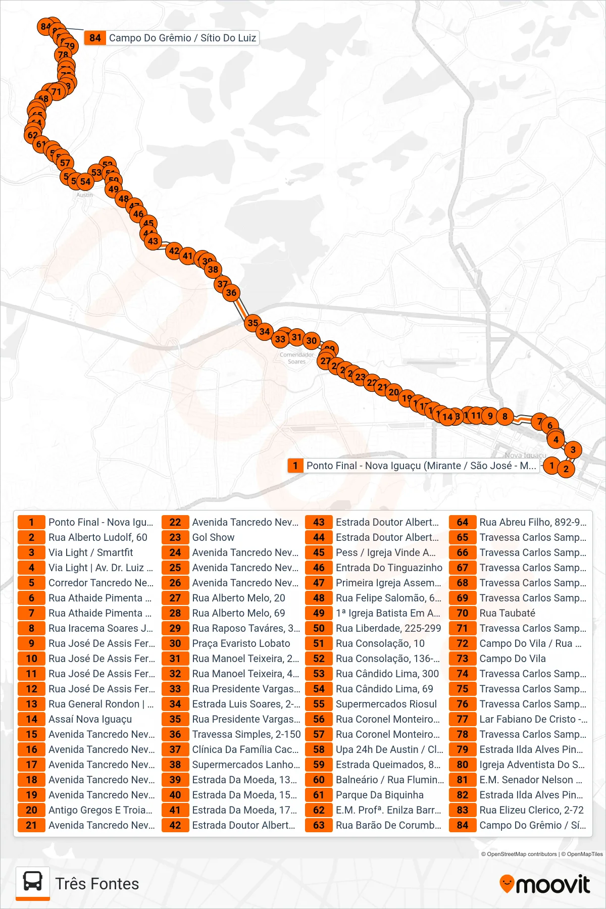 Rota e paradas da linha de ônibus 112 (Três Fontes) no mapa