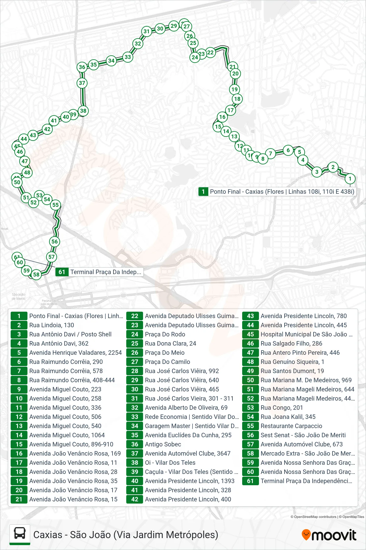 Rota e paradas da linha de ônibus  110I  (São João (Via Jardim Metrópoles - Desvio Feira)) no mapa