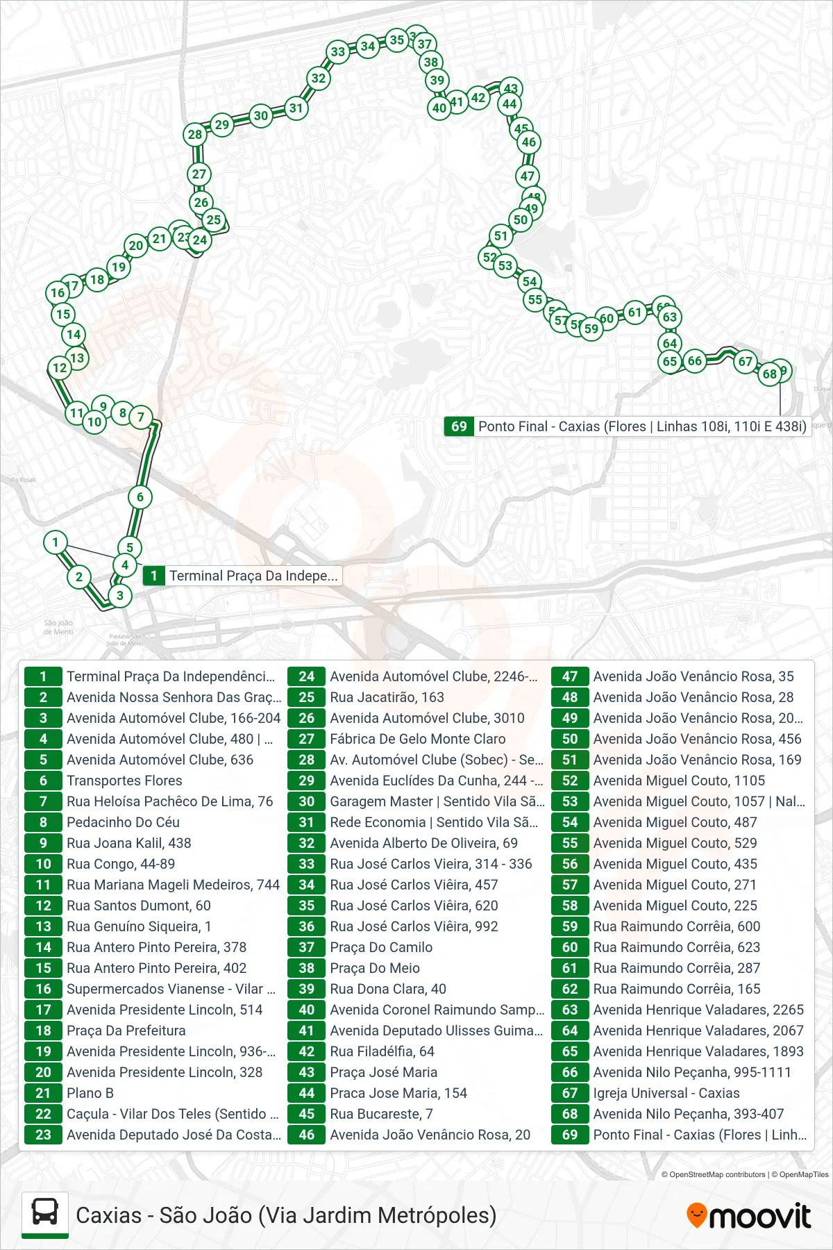 Rota e paradas da linha de ônibus 110I (Caxias (Via Jardim Metrópoles - Desvio Feira)) no mapa