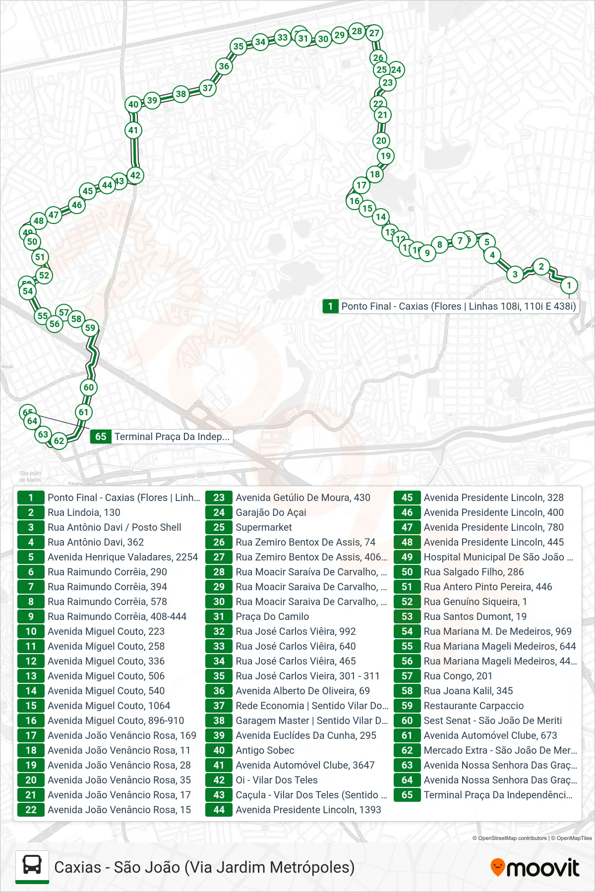 Rota e paradas da linha de ônibus  110I  (São João (Via Jardim Metrópoles)) no mapa