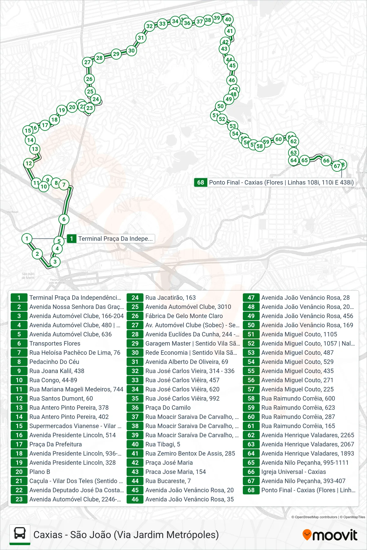 Rota e paradas da linha de ônibus 110I (Caxias (Via Jardim Metrópoles)) no mapa