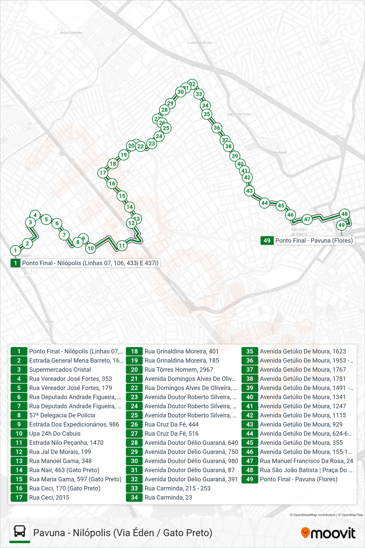 Rota e paradas da linha de ônibus  433I  (Pavuna) no mapa