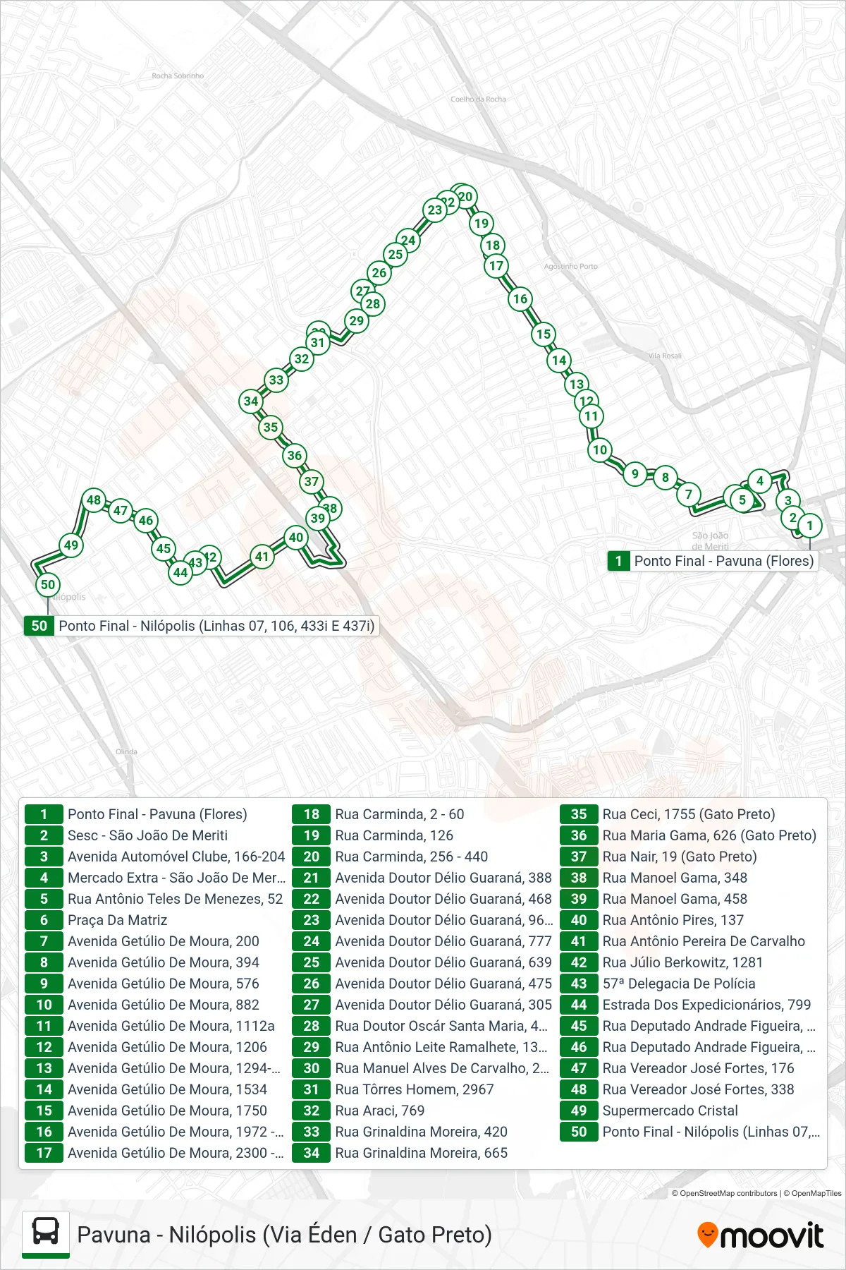 Rota e paradas da linha de ônibus  433I  (Nilópolis) no mapa