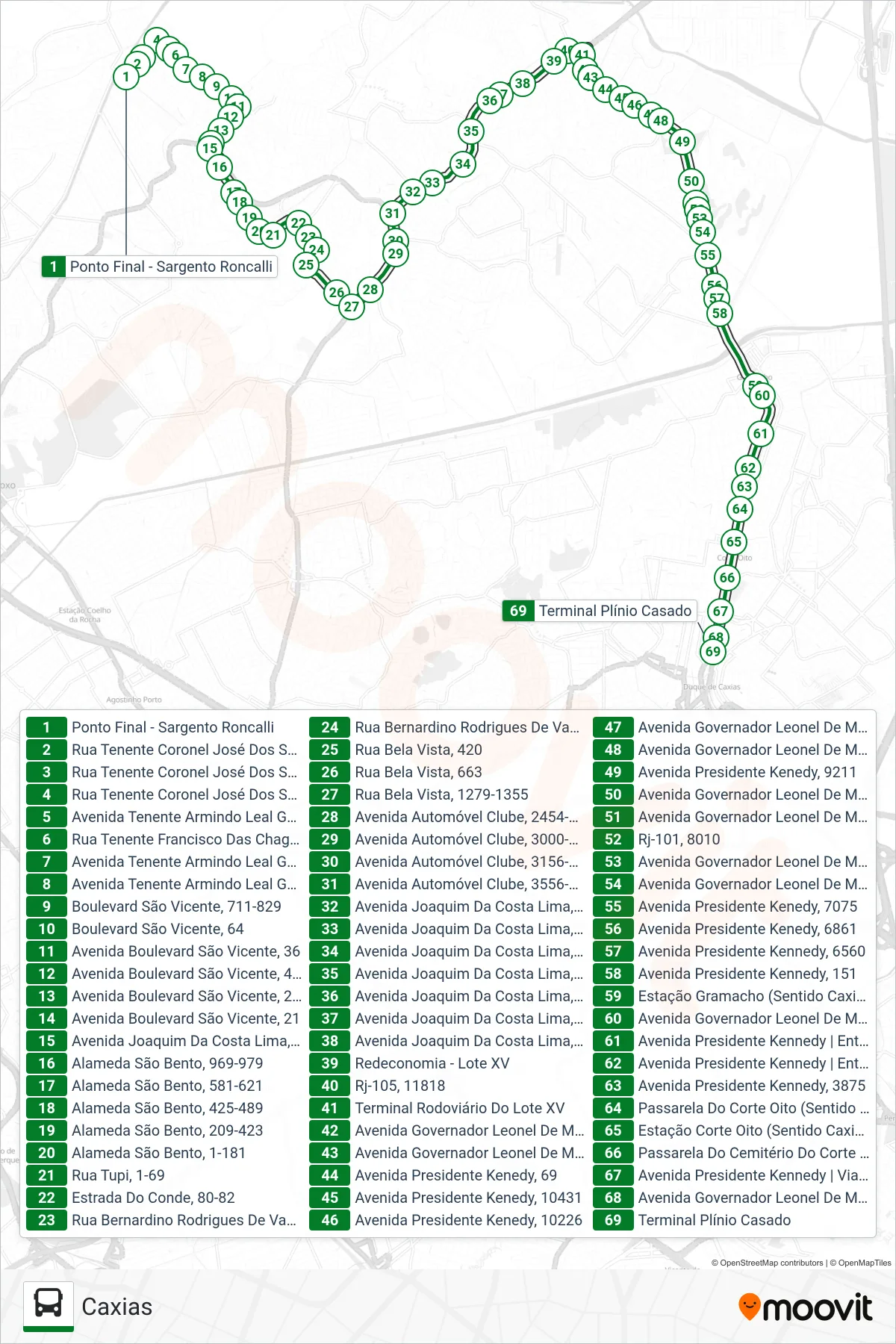 Rota e paradas da linha de ônibus 446I (Caxias) no mapa