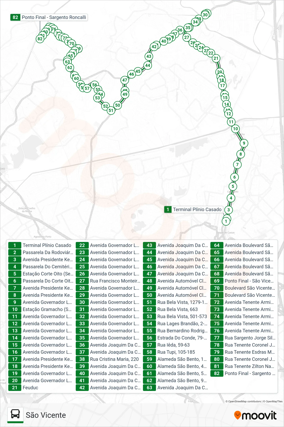 Rota e paradas da linha de ônibus 446I (São Vicente) no mapa
