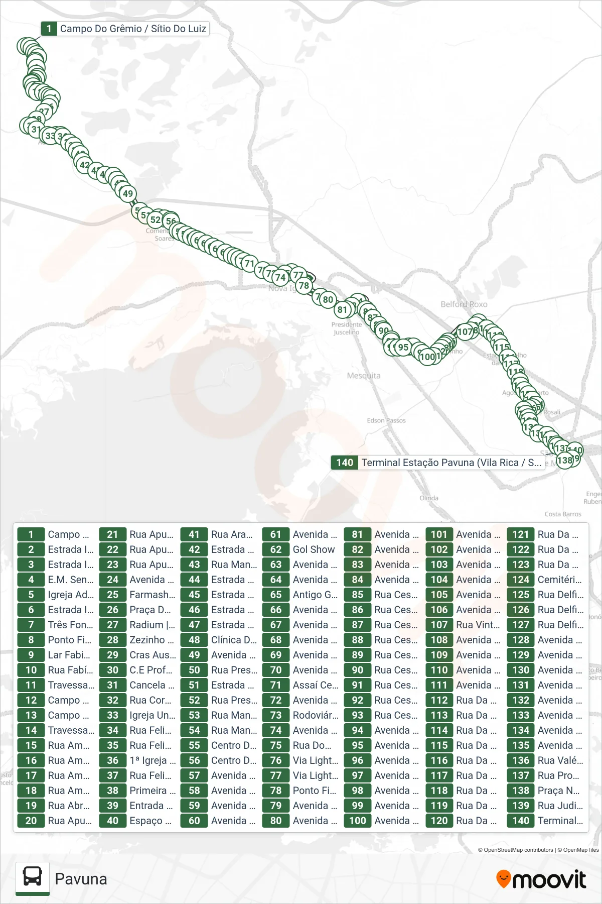 Rota e paradas da linha de ônibus 562I (Pavuna) no mapa