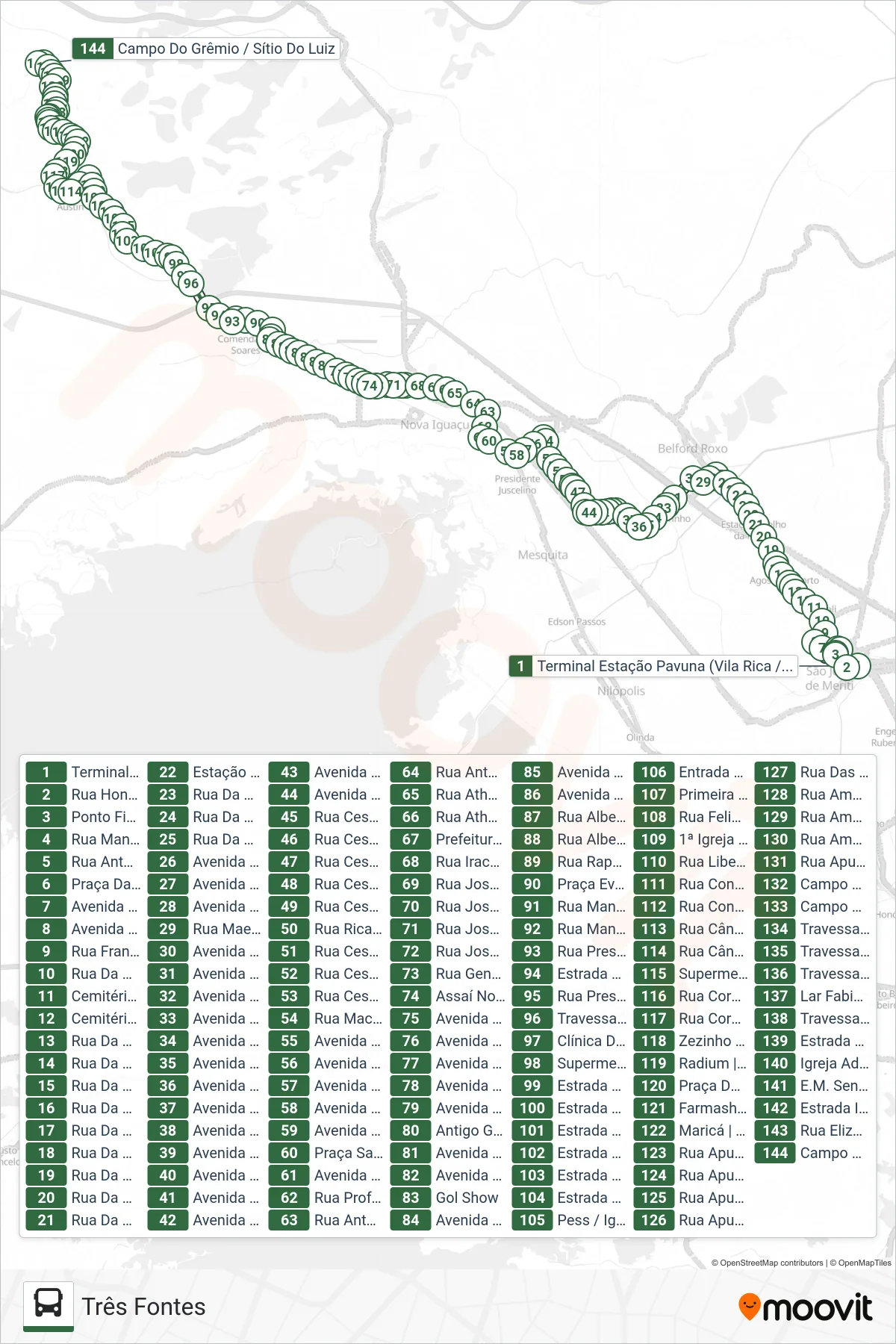 Rota e paradas da linha de ônibus 562I (Três Fontes) no mapa