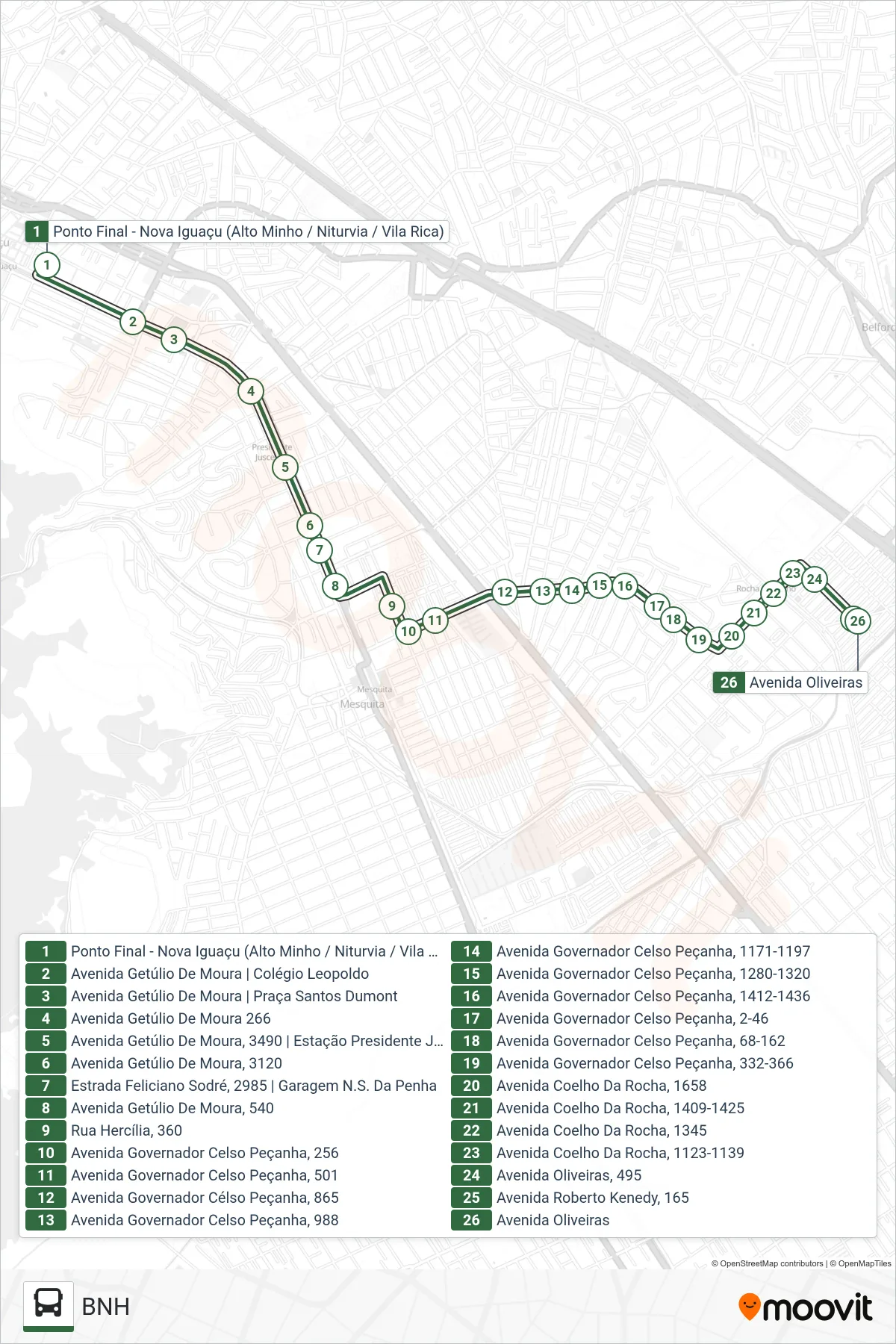 675I bus Line (BNH) route and stops on a map