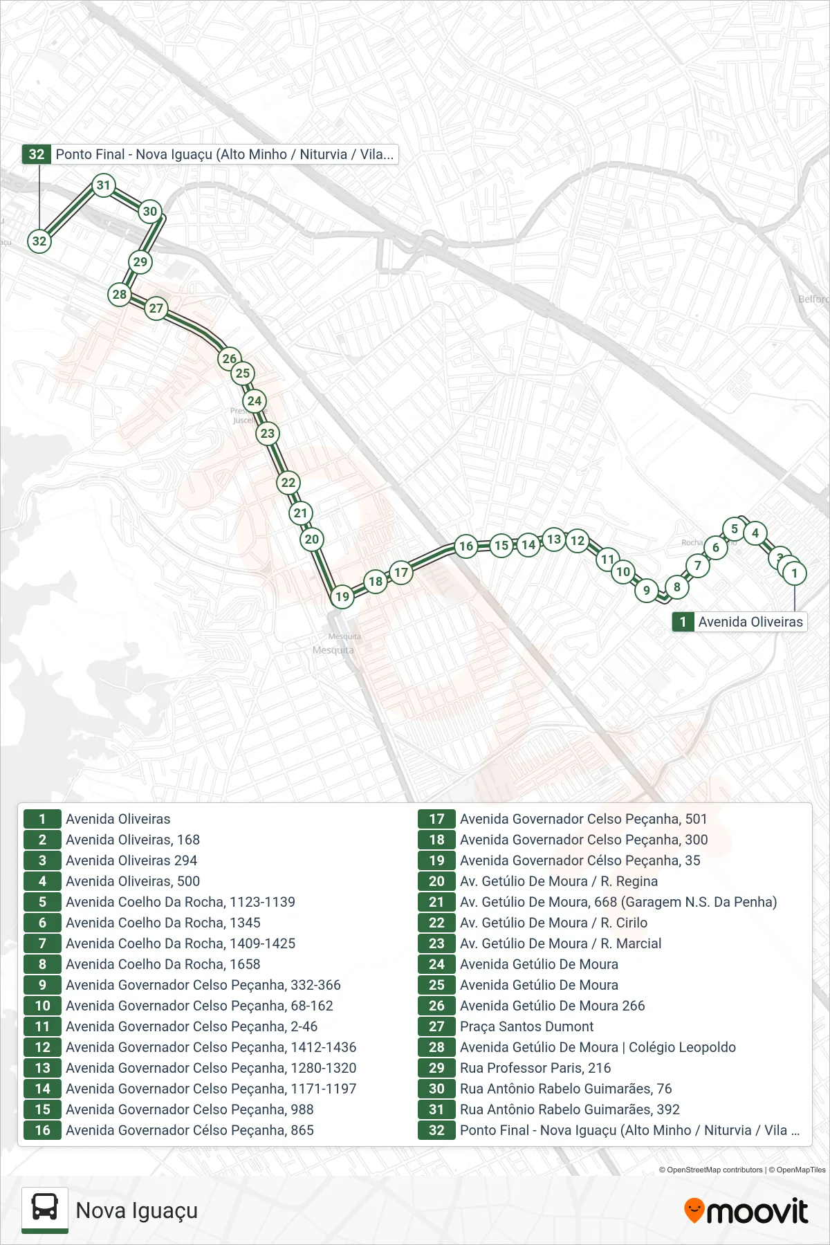 Rota e paradas da linha de ônibus 675I (Nova Iguaçu) no mapa