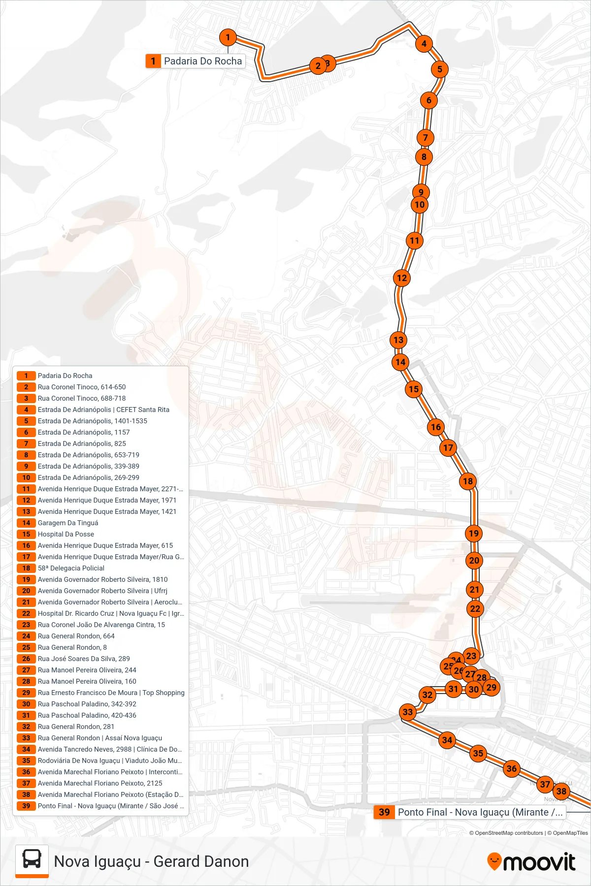 Rota e paradas da linha de ônibus 120 (Nova Iguaçu) no mapa