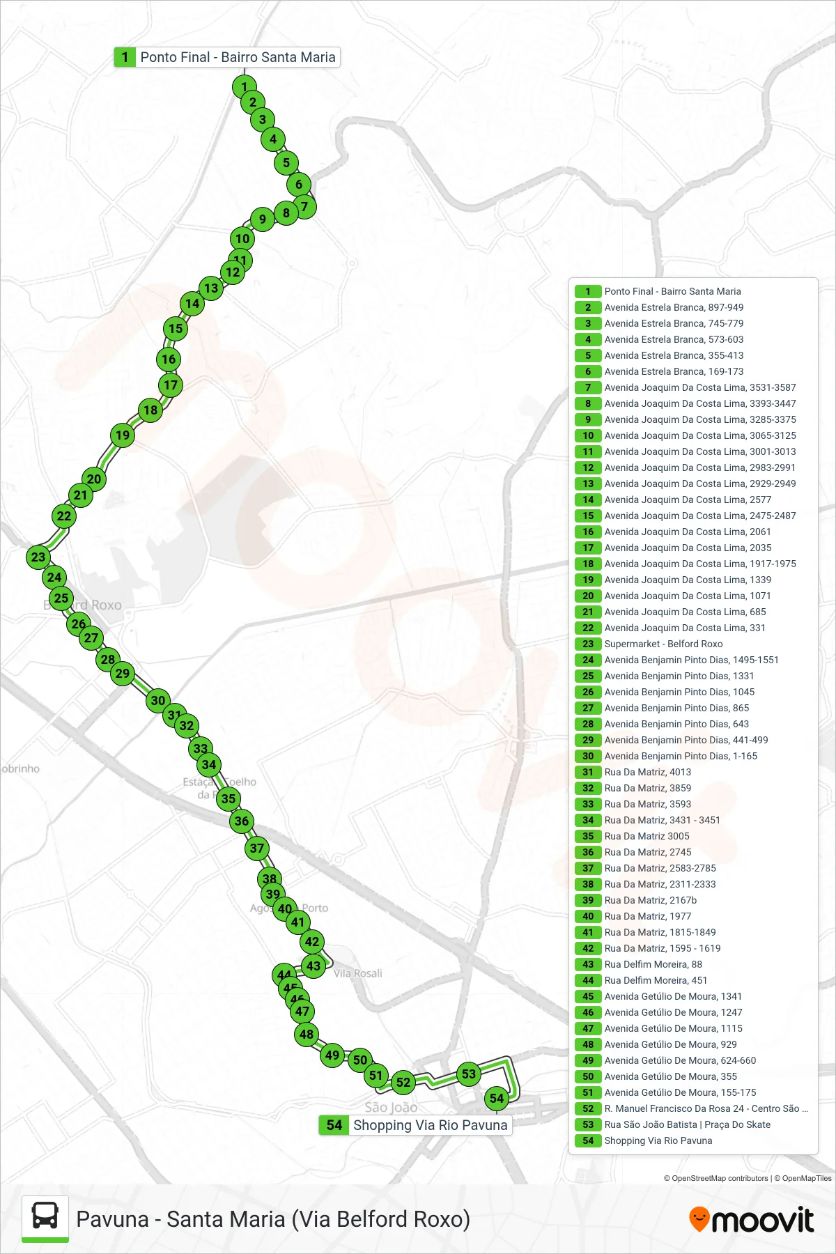 Rota e paradas da linha de ônibus 553I (Pavuna) no mapa