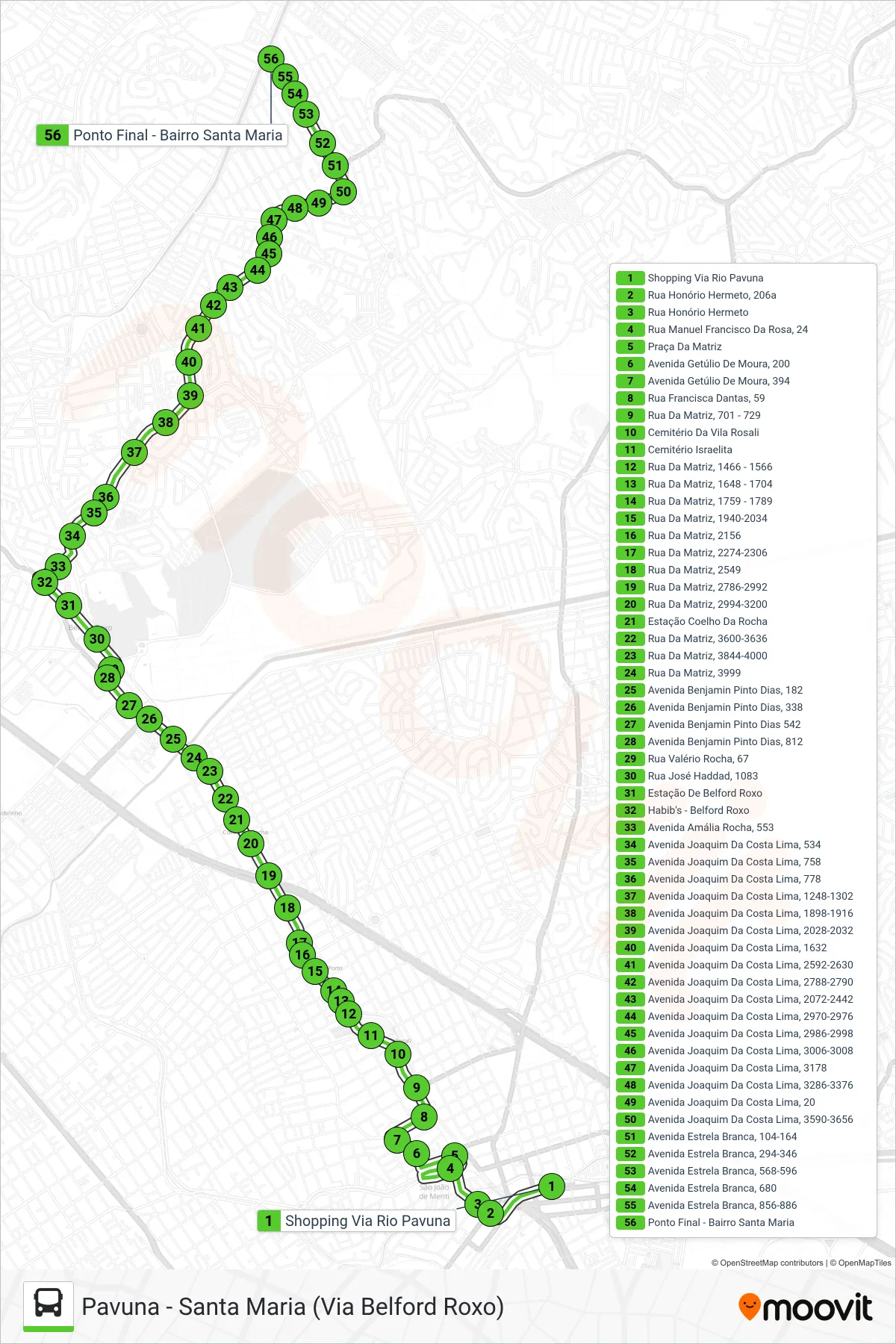 Rota e paradas da linha de ônibus 553I (Santa Maria) no mapa