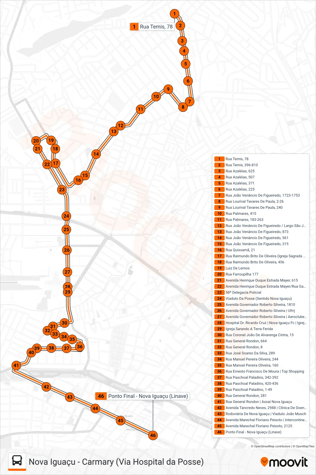Rota e paradas da linha de ônibus 106 (Nova Iguaçu) no mapa
