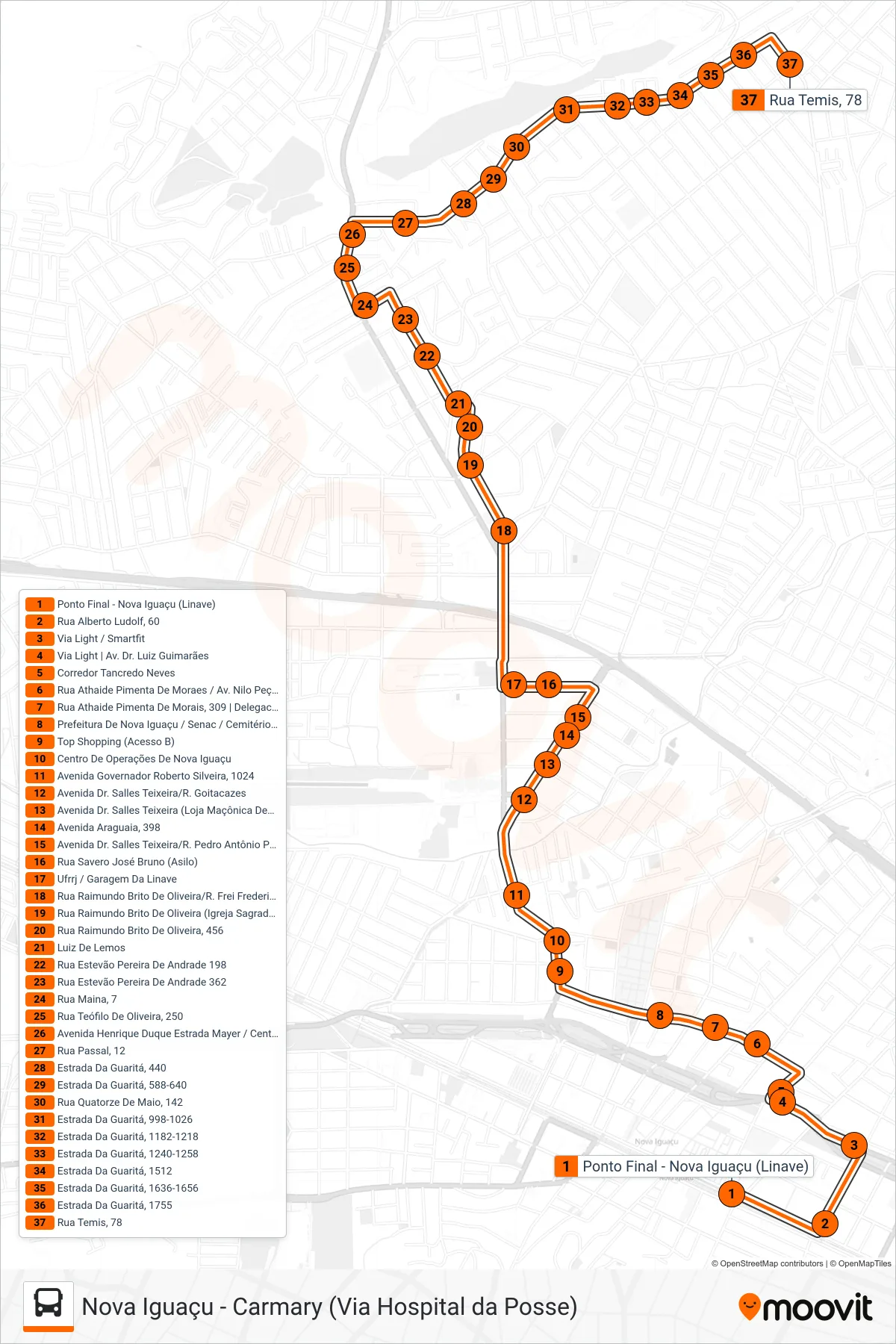 106 bus Line (Carmary) route and stops on a map