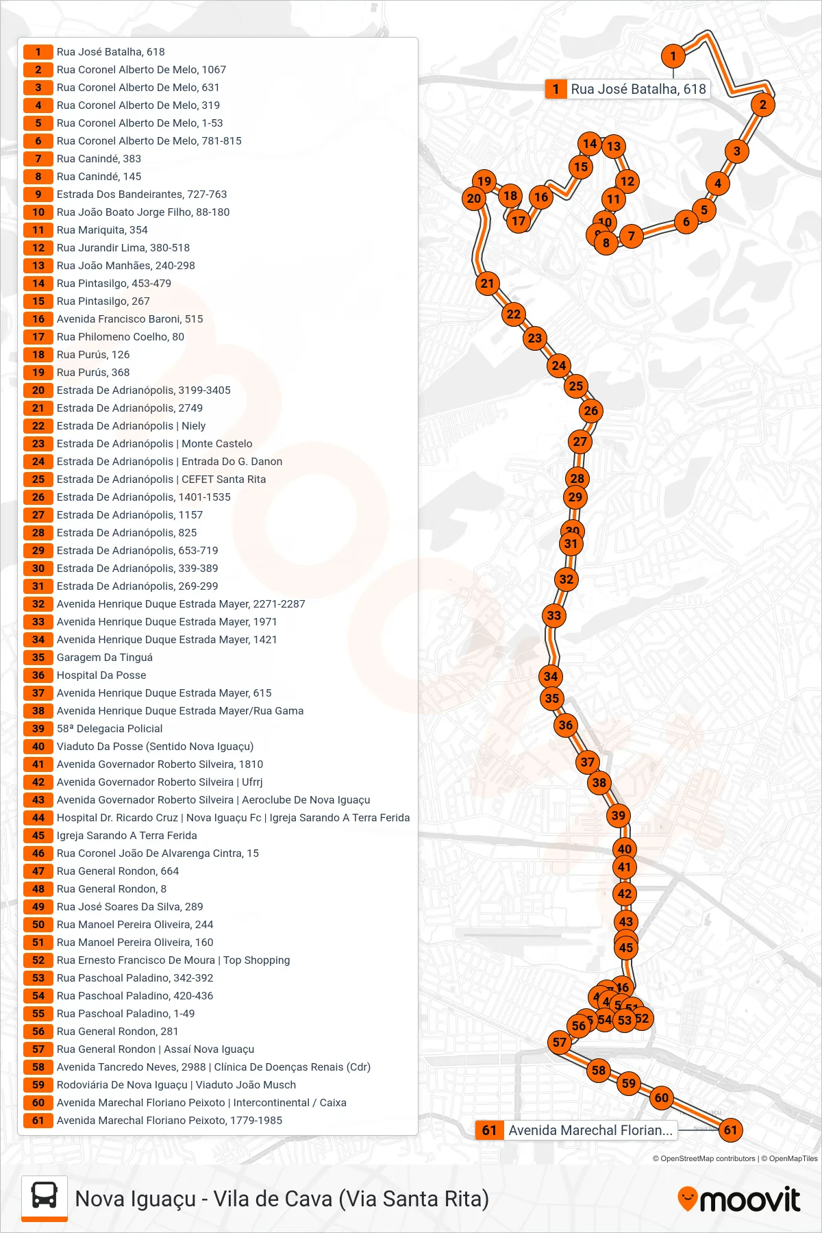 Rota e paradas da linha de ônibus 123 (Nova Iguaçu) no mapa
