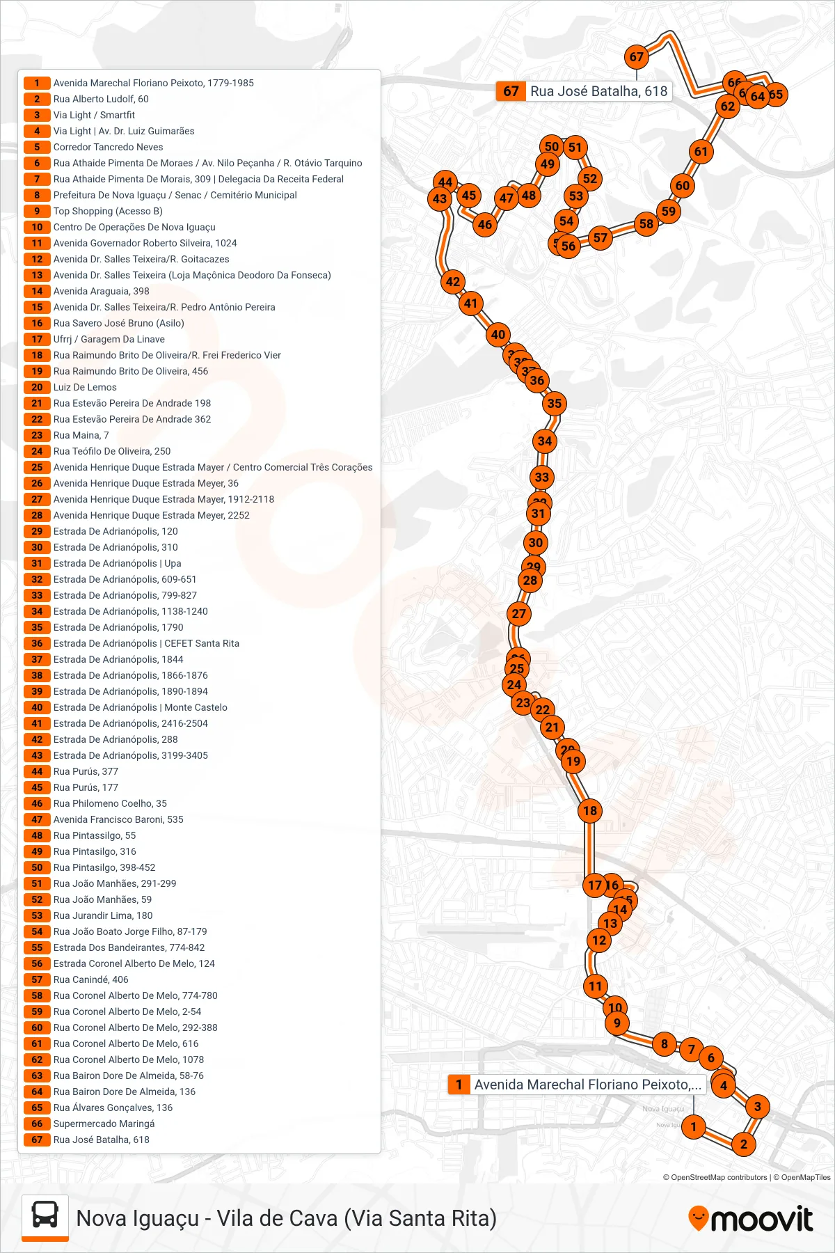 Rota e paradas da linha de ônibus 123 (Vila De Cava) no mapa
