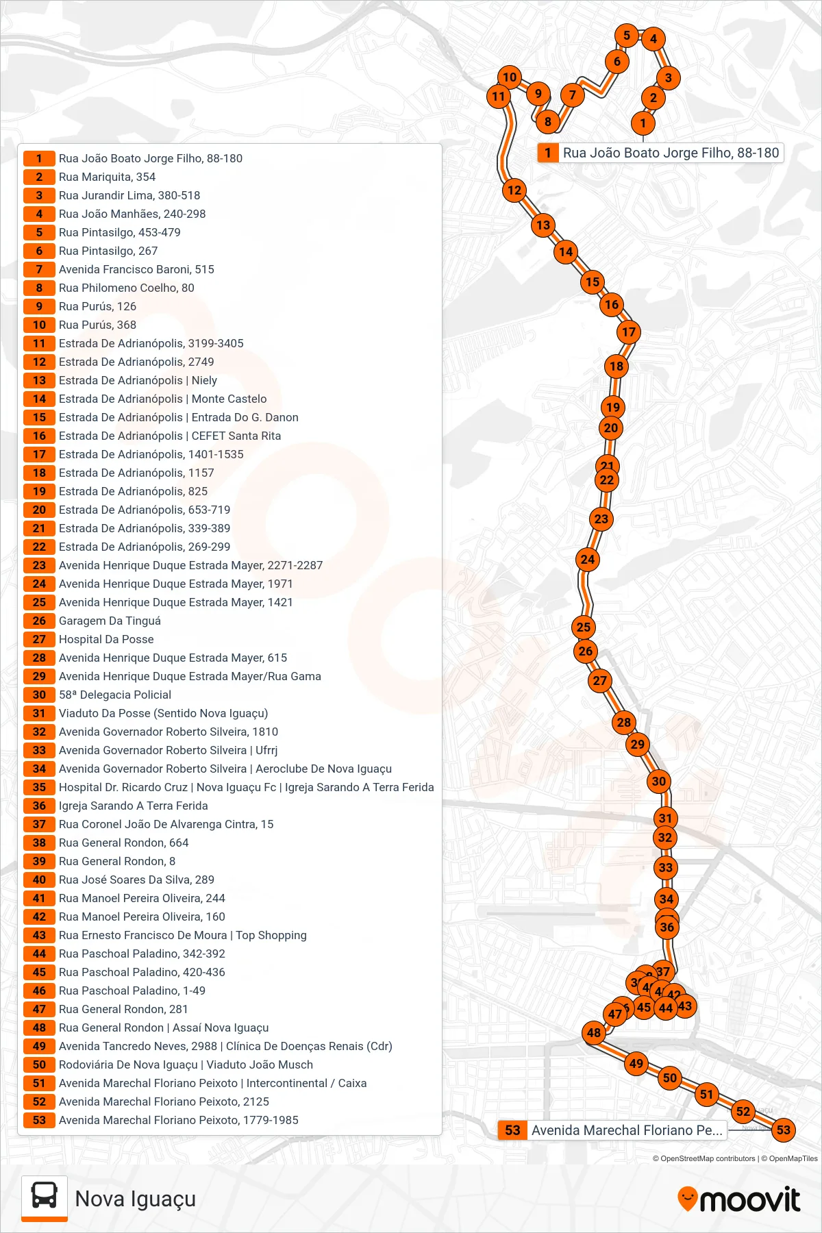 Rota e paradas da linha de ônibus 124 (Nova Iguaçu) no mapa