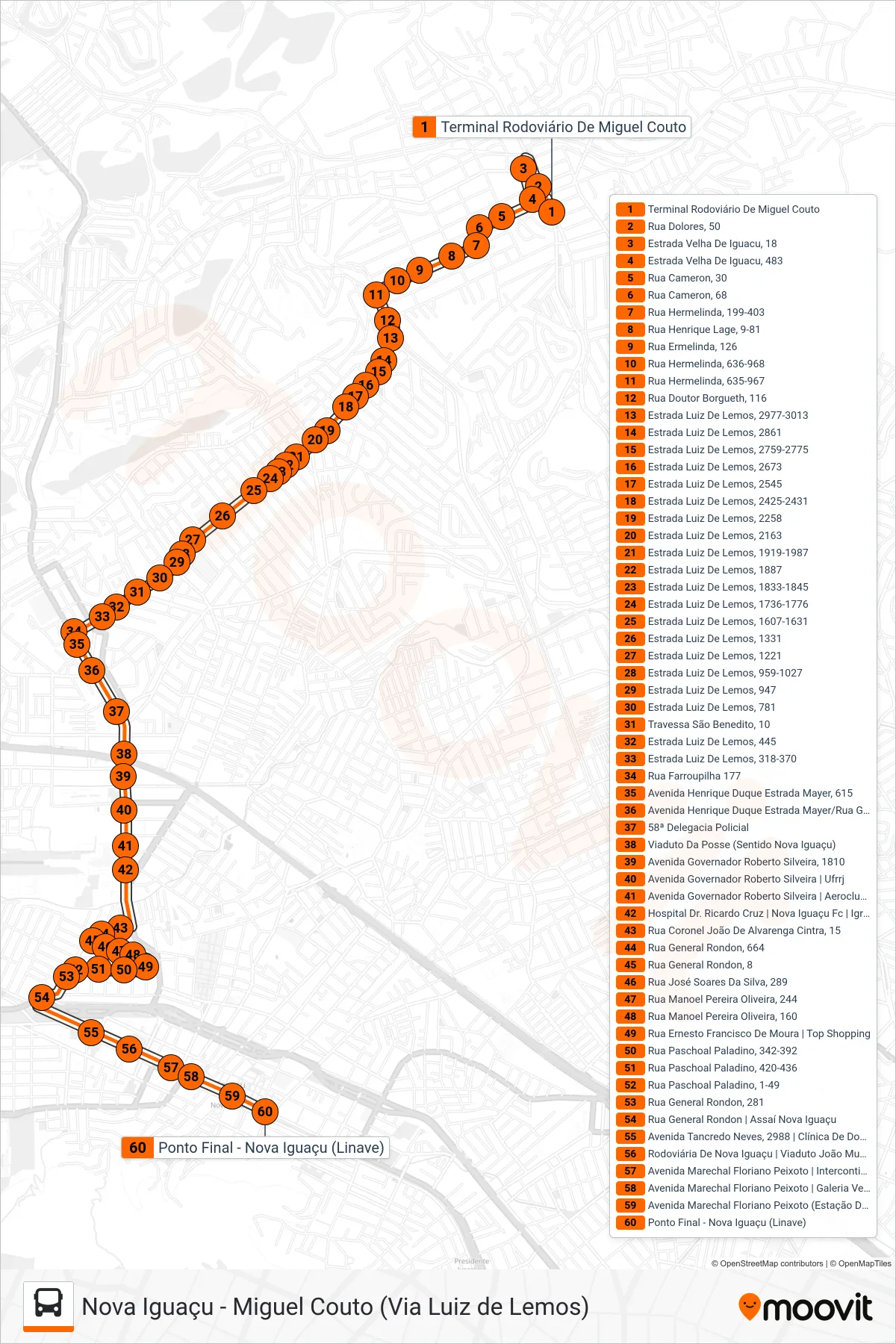 Rota e paradas da linha de ônibus  125  (Nova Iguaçu) no mapa