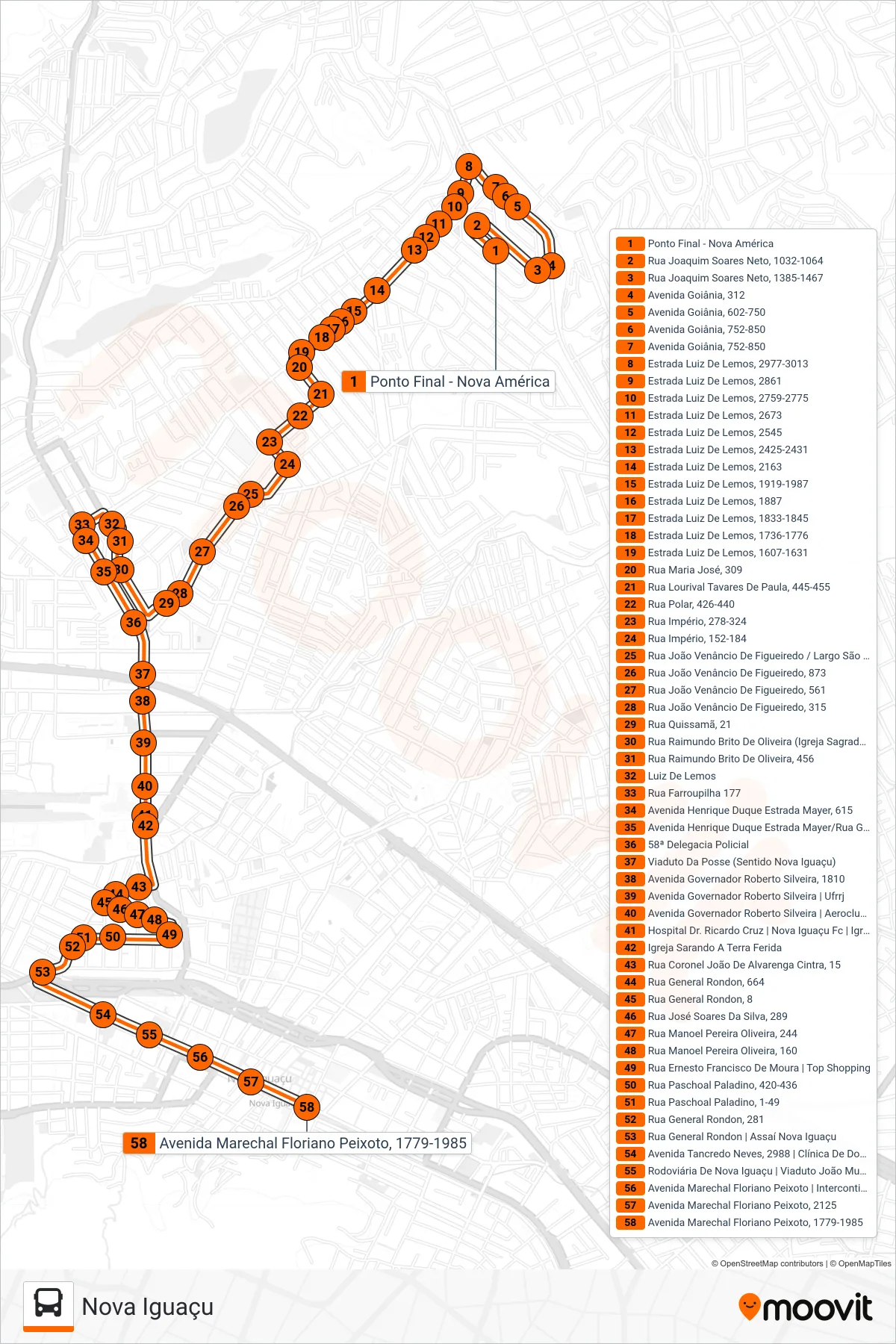 Rota e paradas da linha de ônibus 127 (Nova Iguaçu) no mapa