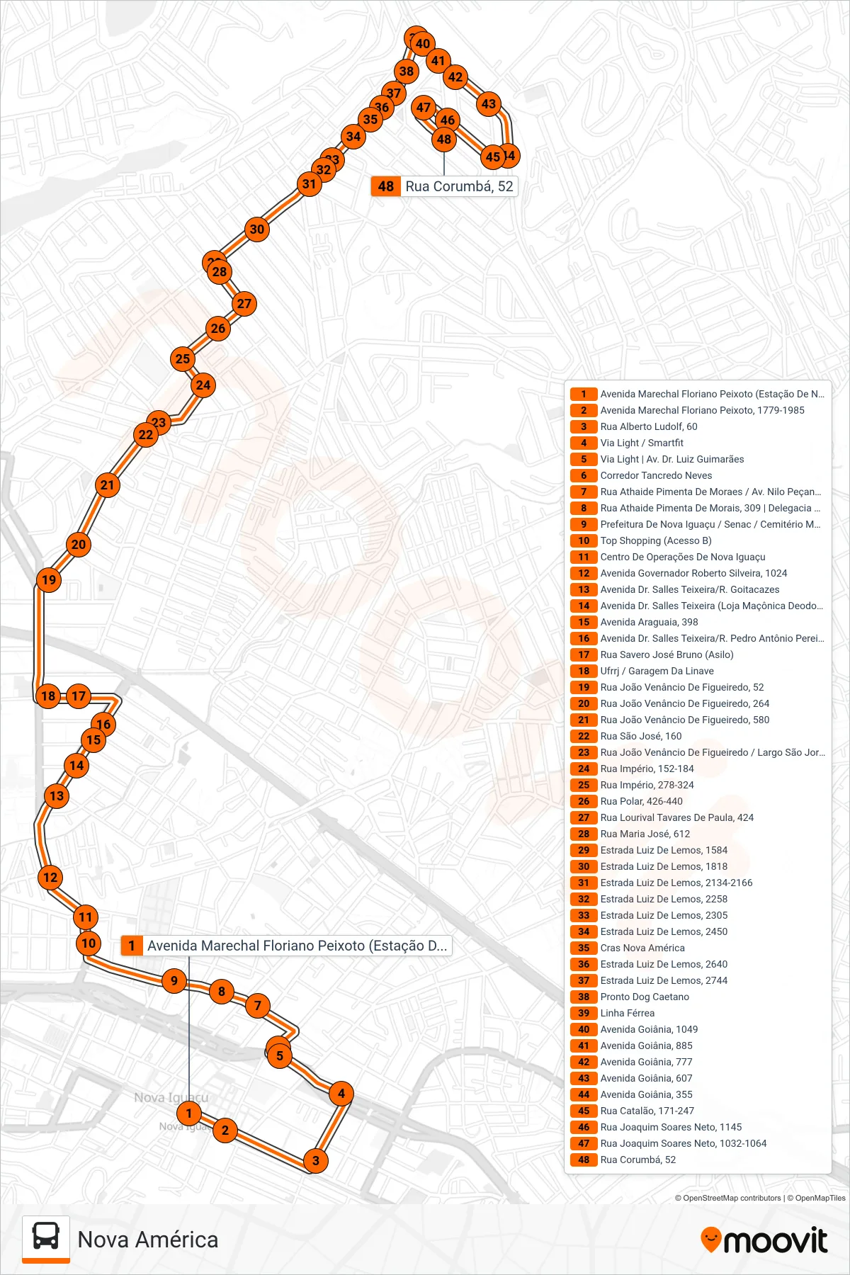Rota e paradas da linha de ônibus 127 (Nova América) no mapa