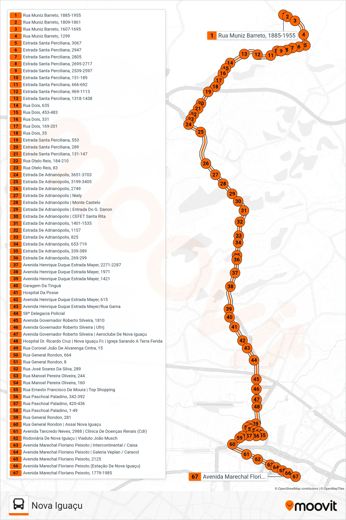 Rota e paradas da linha de ônibus 129 (Nova Iguaçu) no mapa