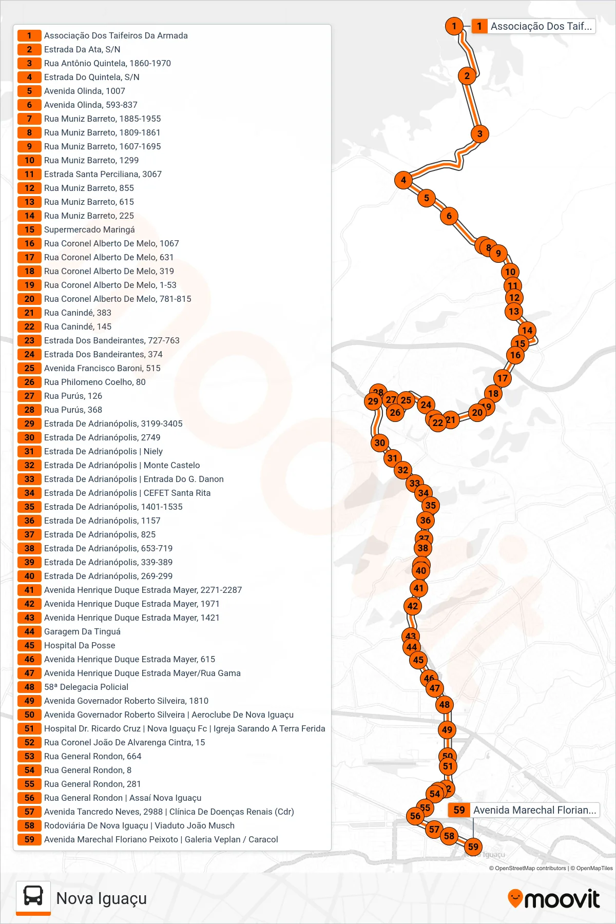 Rota e paradas da linha de ônibus 131 (Nova Iguaçu) no mapa