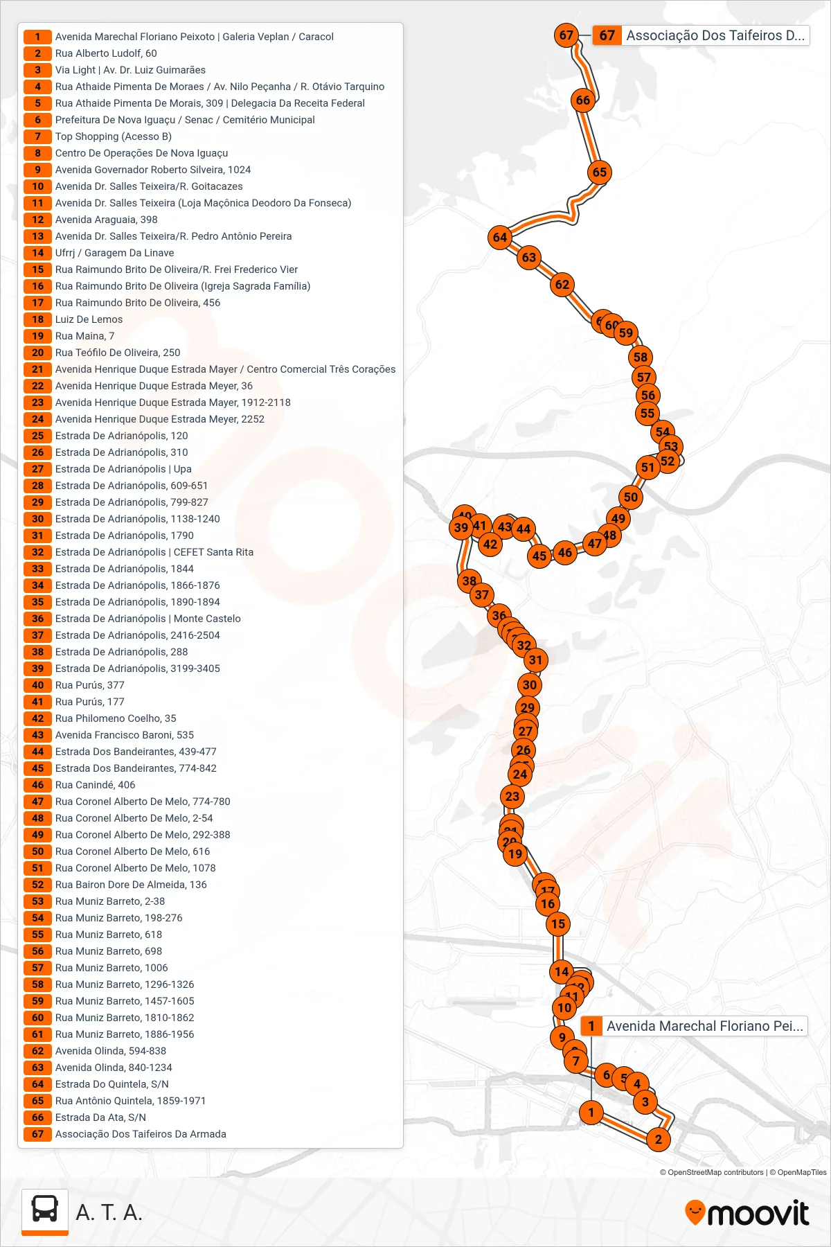 Rota e paradas da linha de ônibus 131 (A. T. A.) no mapa