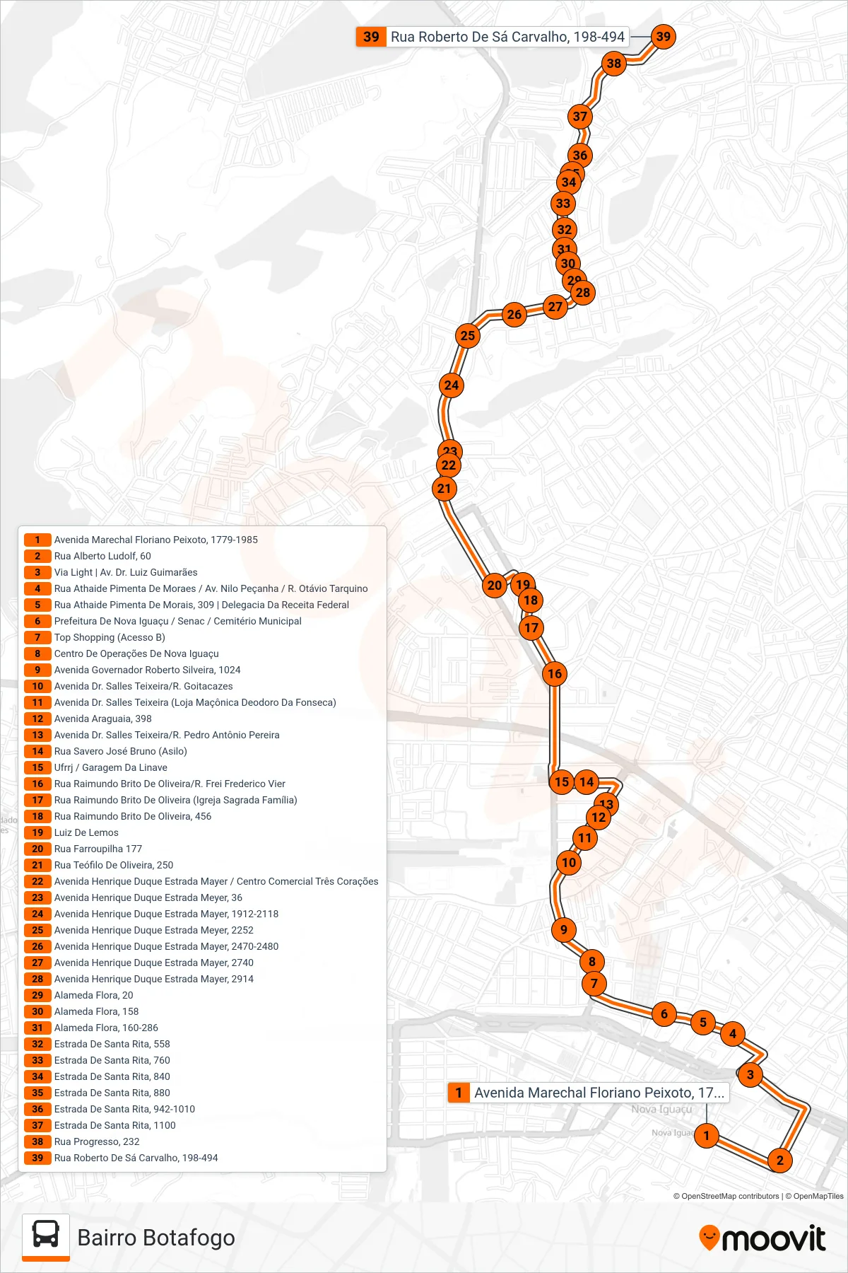 Rota e paradas da linha de ônibus  135  (Bairro Botafogo) no mapa