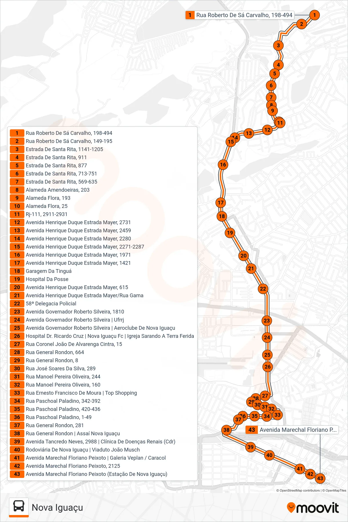 Rota e paradas da linha de ônibus  135  (Nova Iguaçu) no mapa
