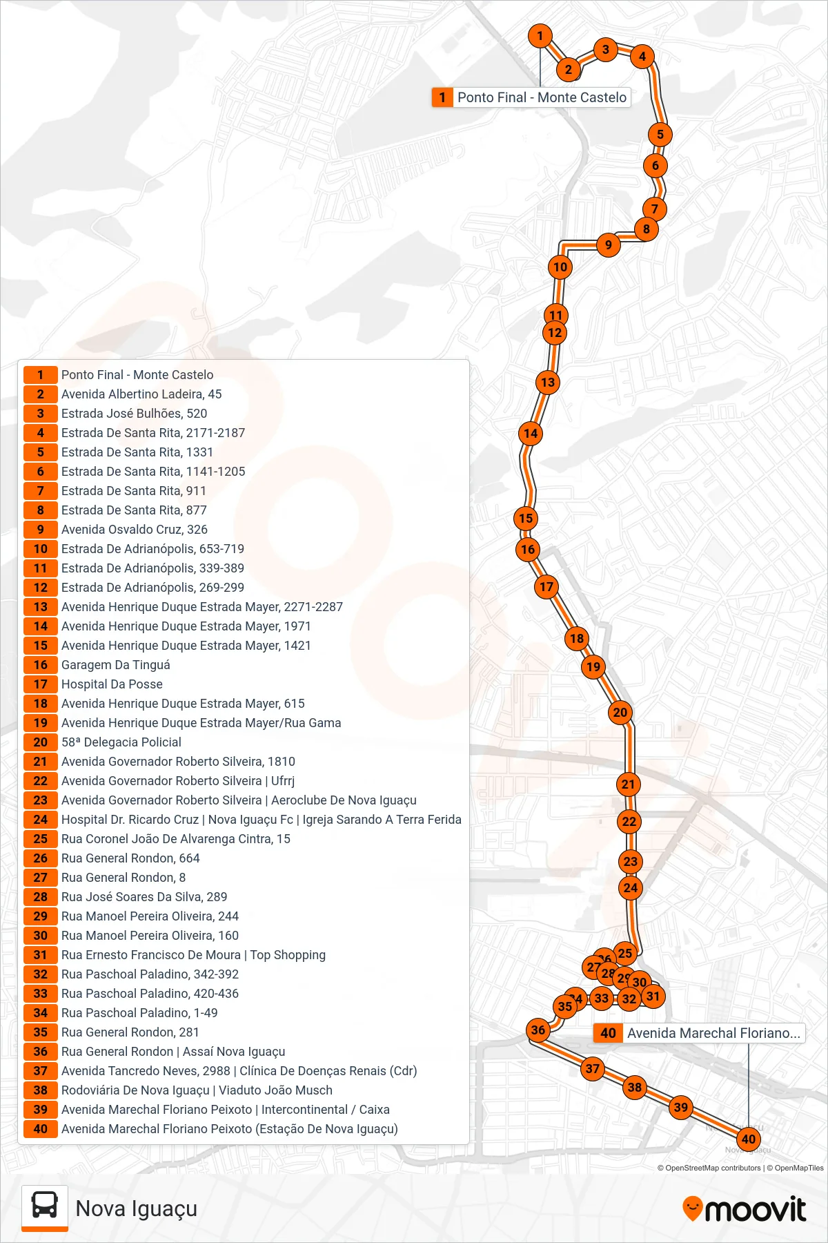 Rota e paradas da linha de ônibus  139  (Nova Iguaçu) no mapa