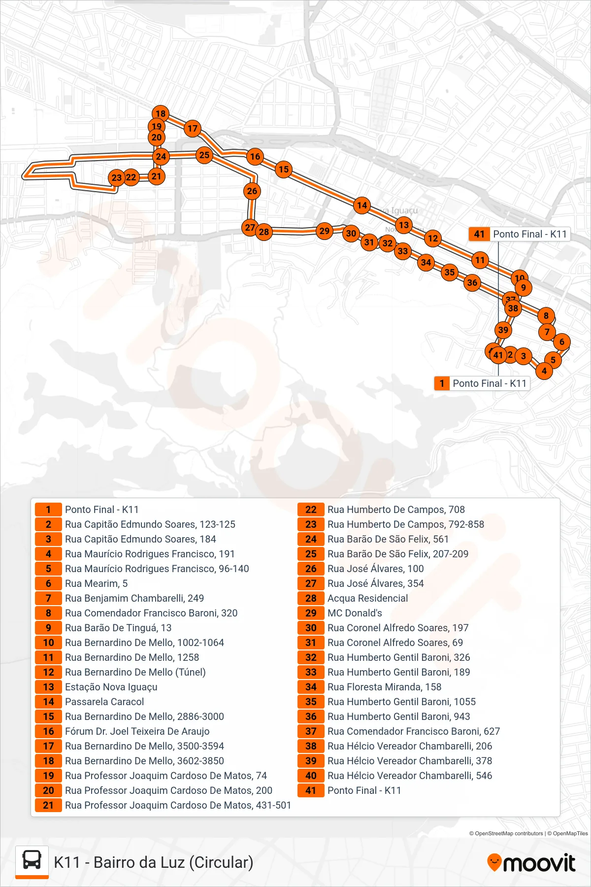 Rota e paradas da linha de ônibus 140 (K11 ↔ Bairro Da Luz (Circular)) no mapa