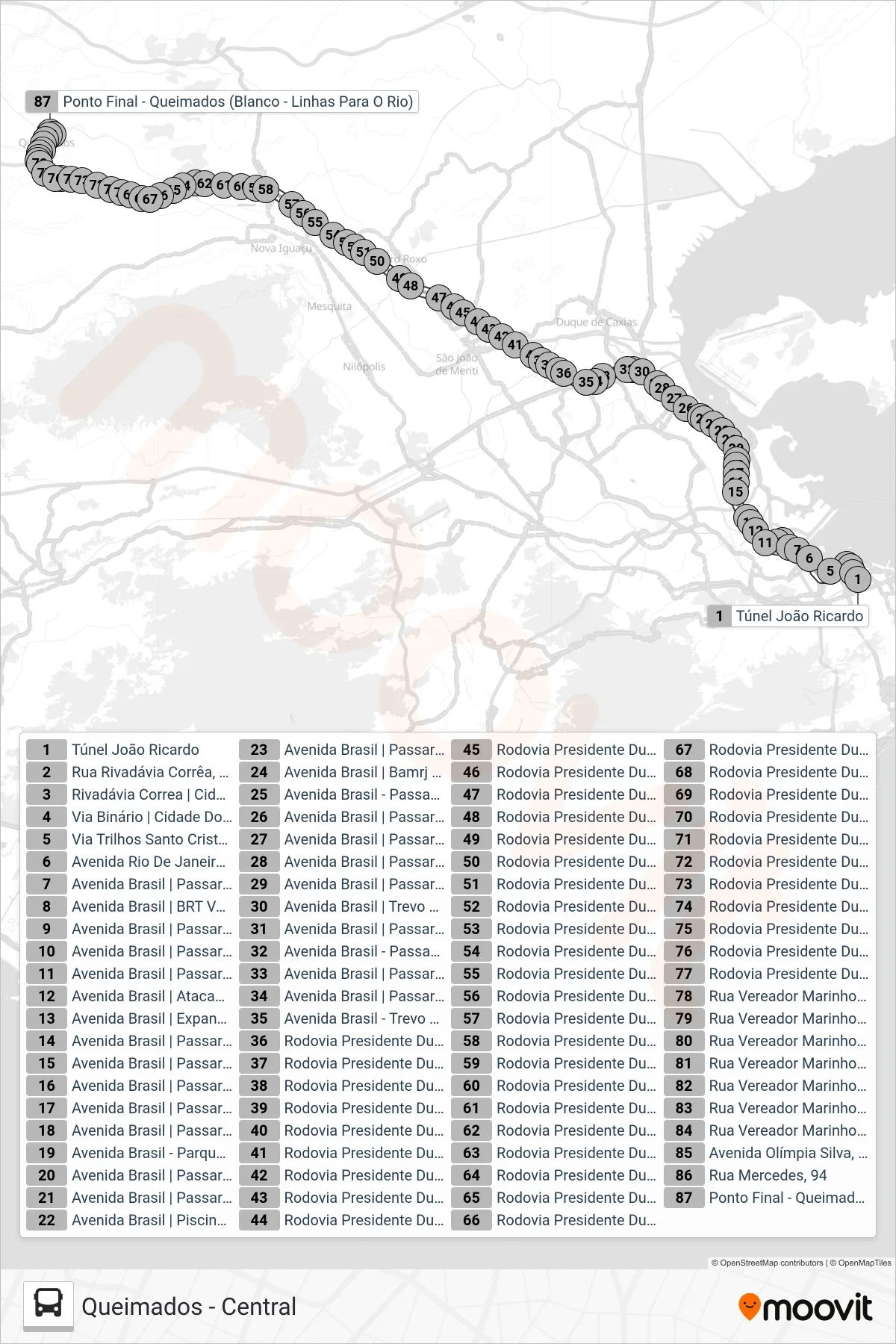 Rota e paradas da linha de ônibus  440  (Queimados (Parador)) no mapa