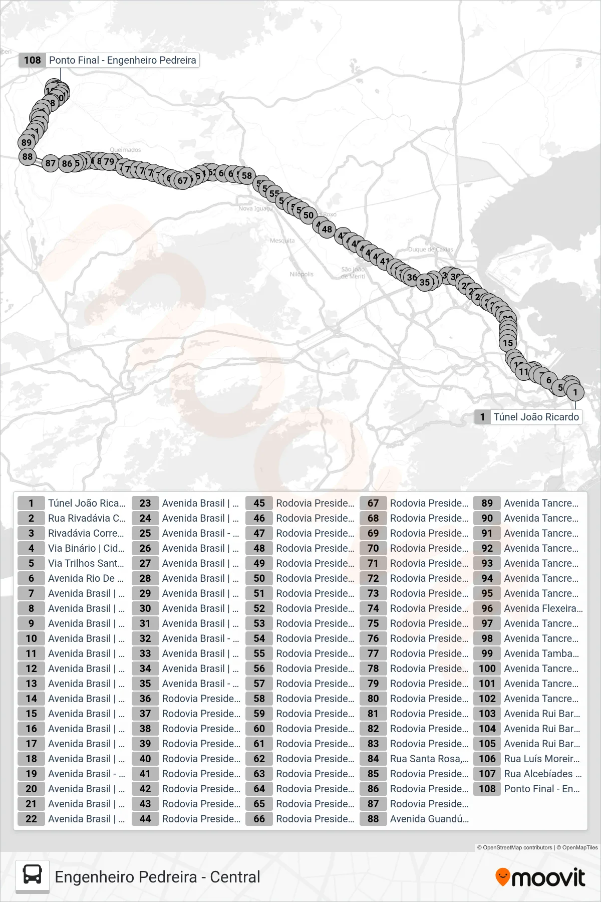 Rota e paradas da linha de ônibus 451 (Engenheiro Pedreira (Parador)) no mapa