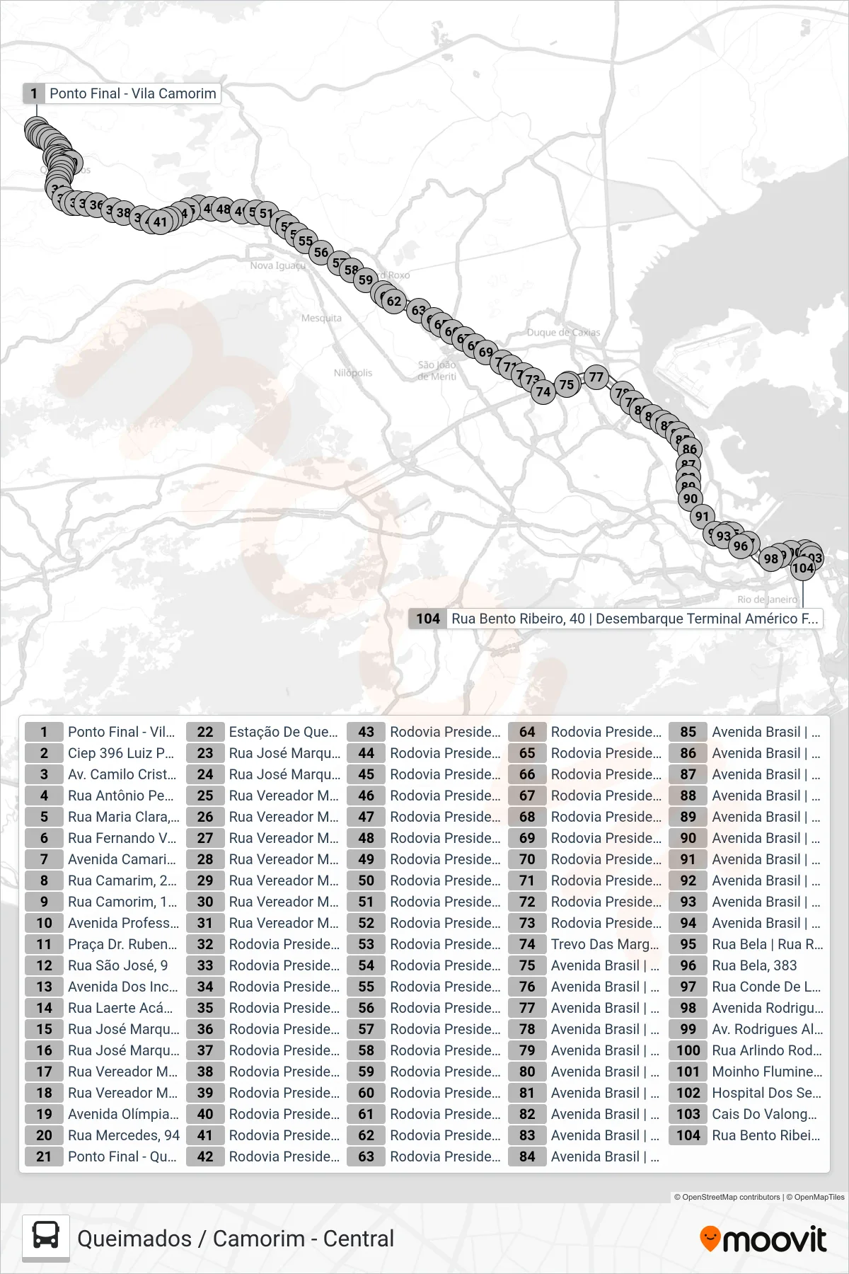 Rota e paradas da linha de ônibus 452 (Central (Parador)) no mapa