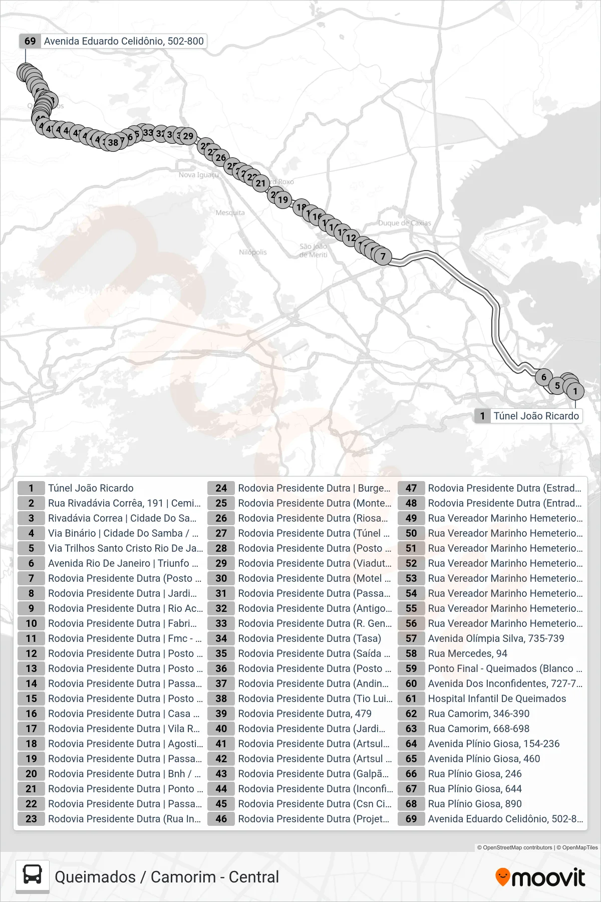 Rota e paradas da linha de ônibus 452 (Queimados / Camorim (Rápido)) no mapa