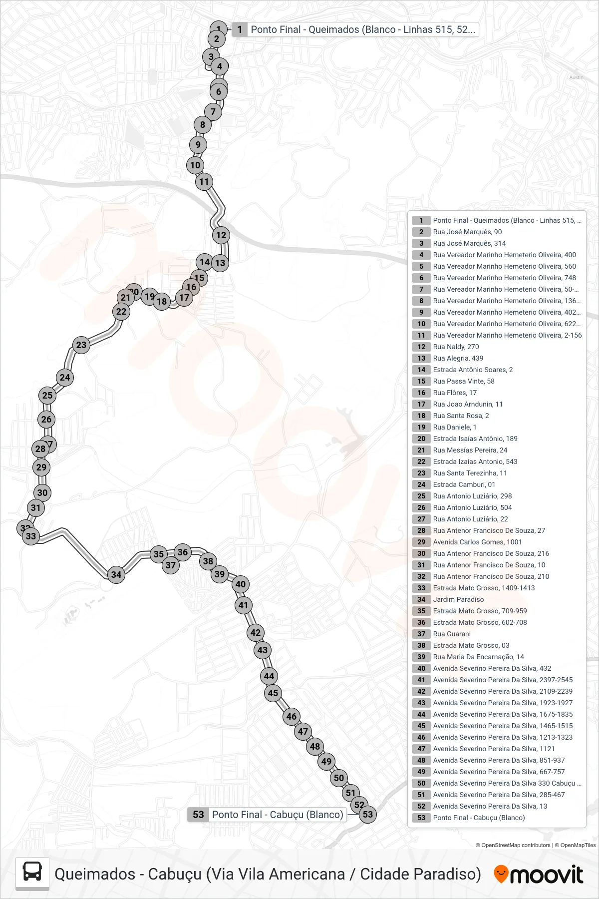 Rota e paradas da linha de ônibus 520 (Cabuçu) no mapa