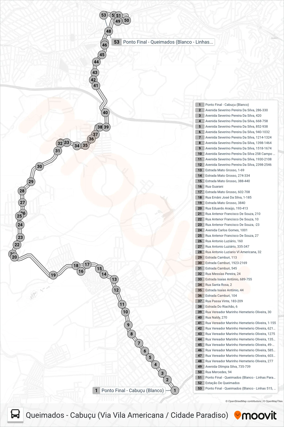 Rota e paradas da linha de ônibus 520 (Queimados) no mapa