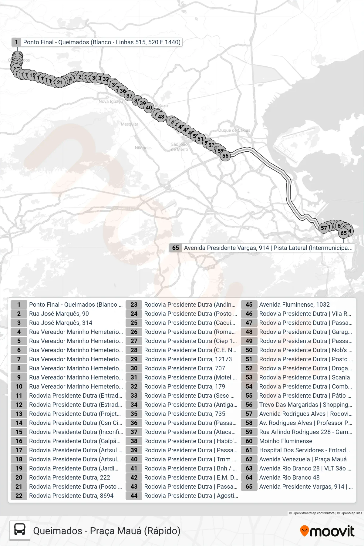 Rota e paradas da linha de ônibus  1440 (EXECUTIVO)  (Praça Mauá (Rápido)) no mapa