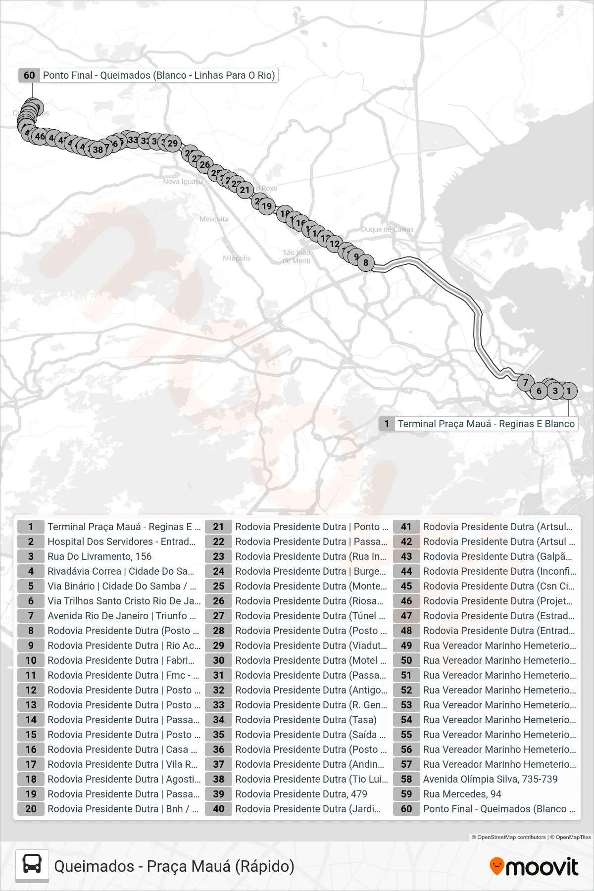 1440 (EXECUTIVO) bus Line (Queimados (Rápido)) route and stops on a map