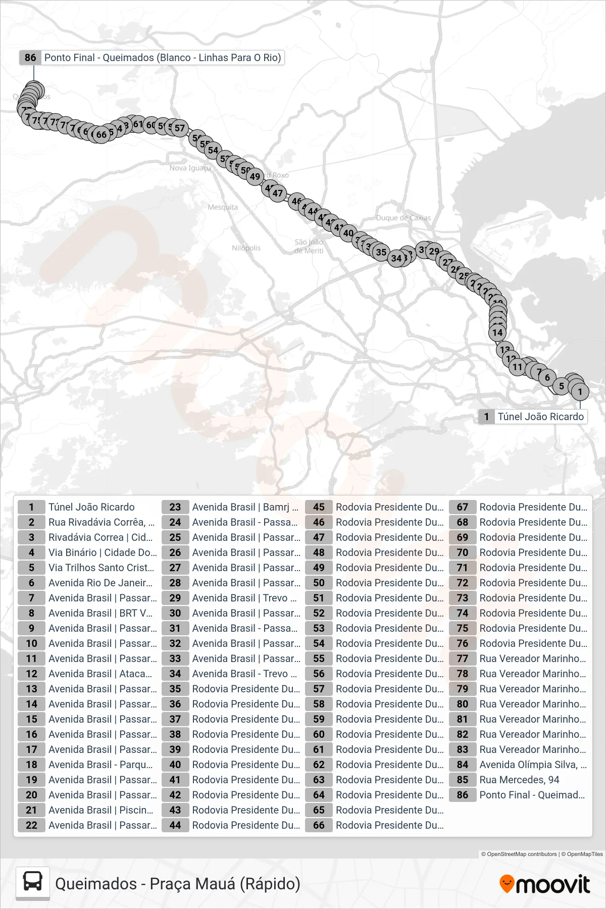 Rota e paradas da linha de ônibus 1440 (EXECUTIVO) (Central → Queimados (Parador)) no mapa