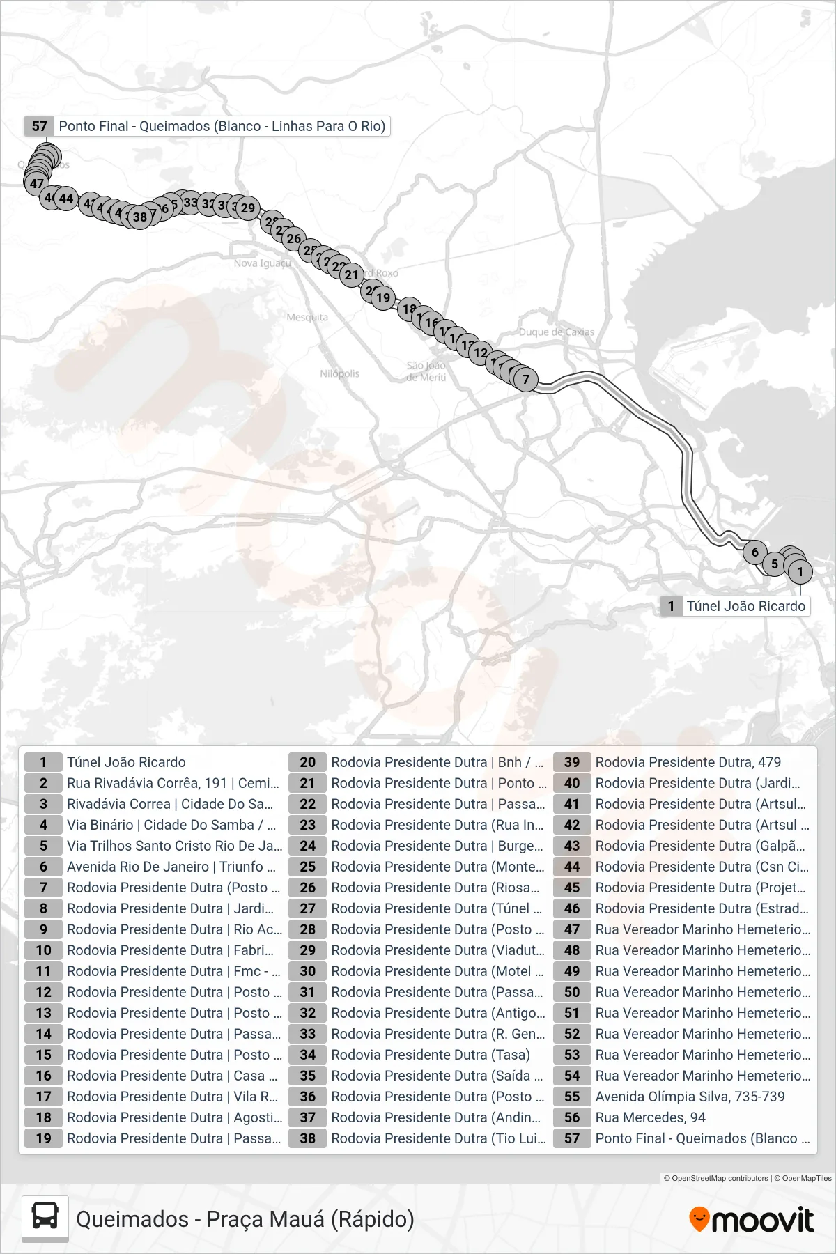 Rota e paradas da linha de ônibus  1440 (EXECUTIVO)  (Central → Queimados (Rápido)) no mapa
