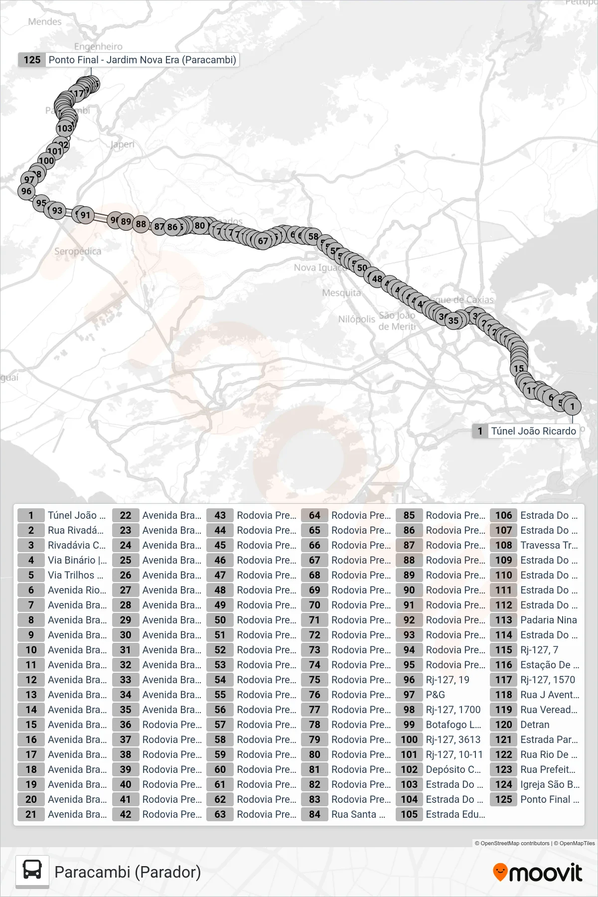 1906 (EXECUTIVO) bus Line (Paracambi (Parador)) route and stops on a map