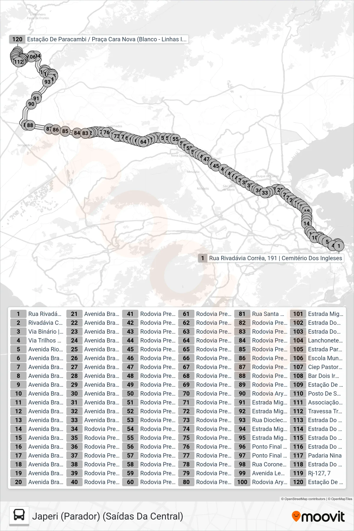 Rota e paradas da linha de ônibus 1907 (EXECUTIVO) (Japeri (Parador) (Saídas Da Central)) no mapa
