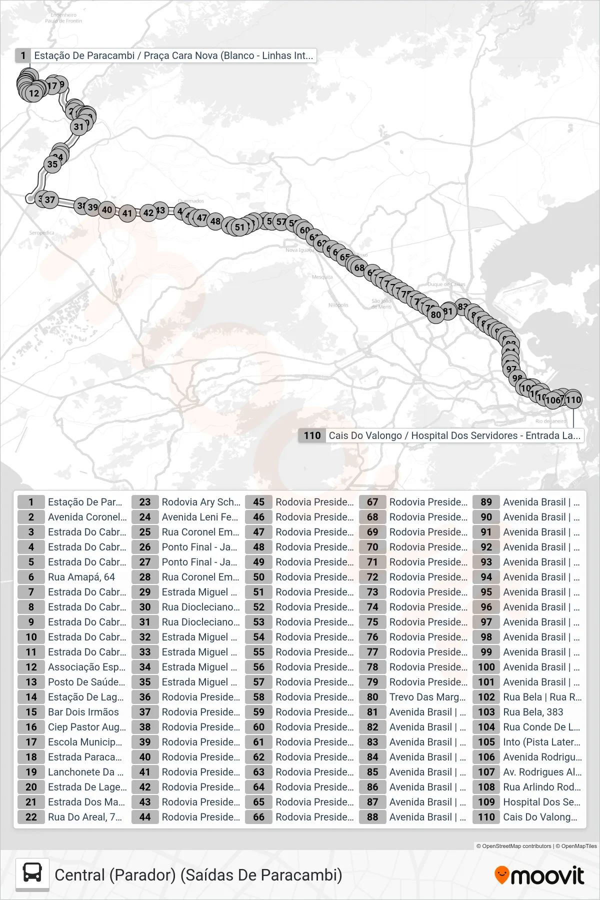 1907 (EXECUTIVO) bus Line (Central (Parador) (Saídas De Paracambi)) route and stops on a map