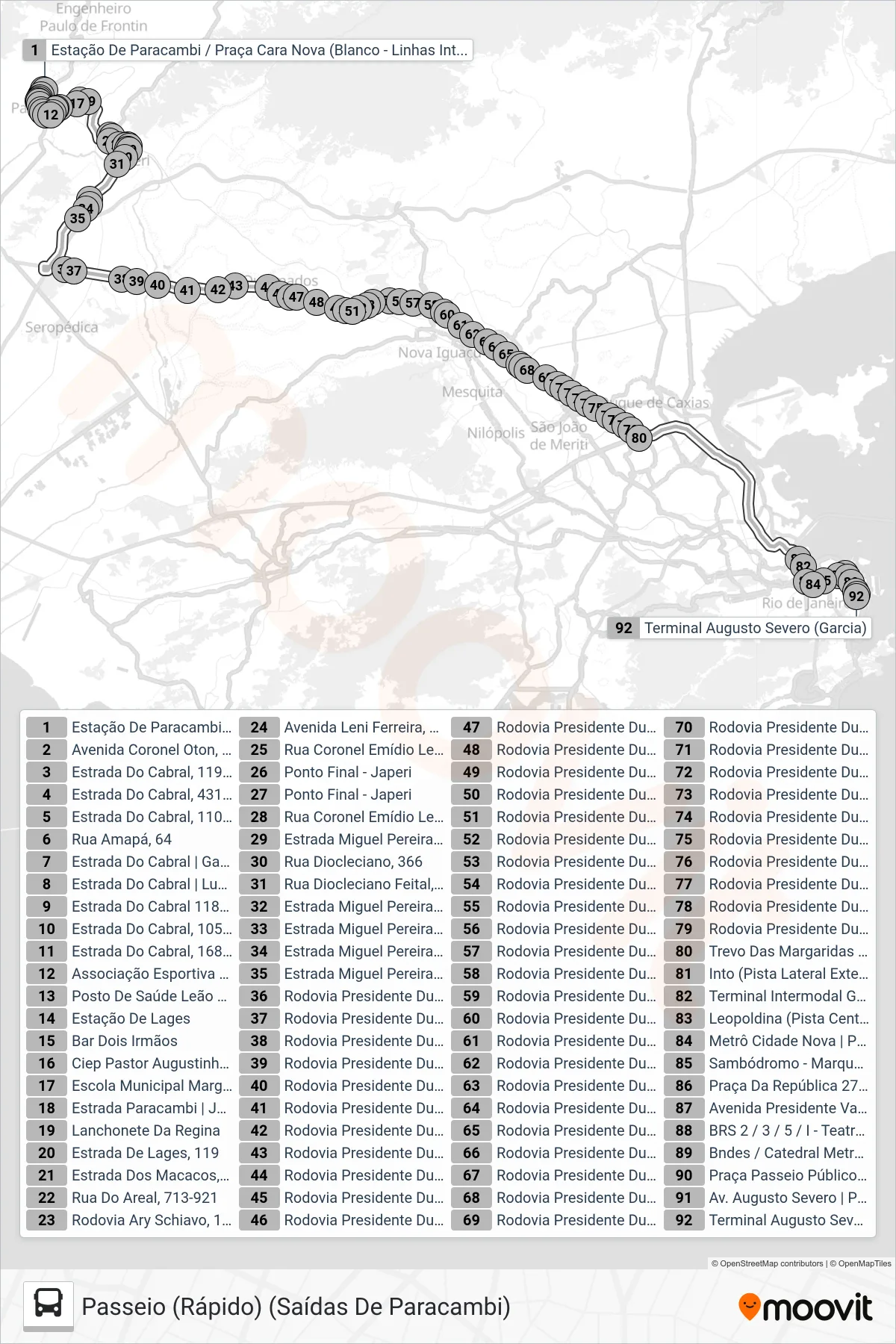 1907 (EXECUTIVO) bus Line (Passeio (Rápido) (Saídas De Paracambi)) route and stops on a map
