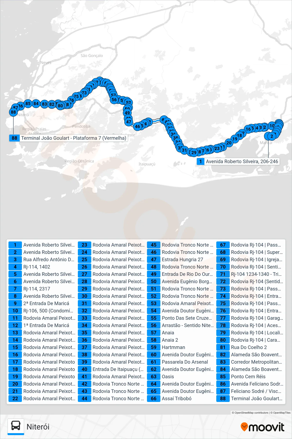 Rota e paradas da linha de ônibus 2144R (EXECUTIVO) (Niterói) no mapa