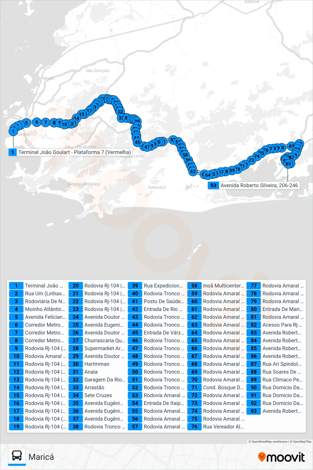 Rota e paradas da linha de ônibus 2144R (EXECUTIVO) (Maricá) no mapa
