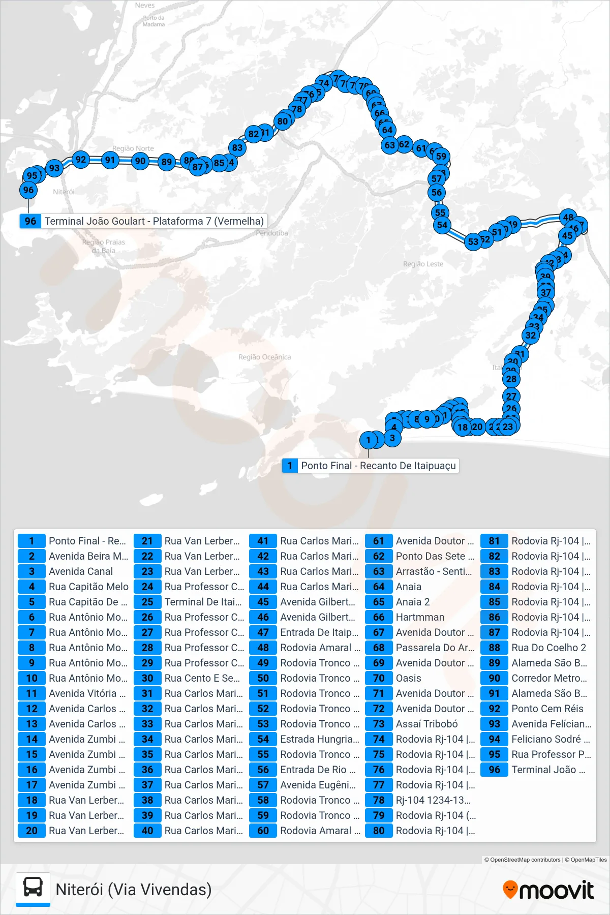 Rota e paradas da linha de ônibus  4144R (EXECUTIVO)  (Niterói (Via Vivendas)) no mapa