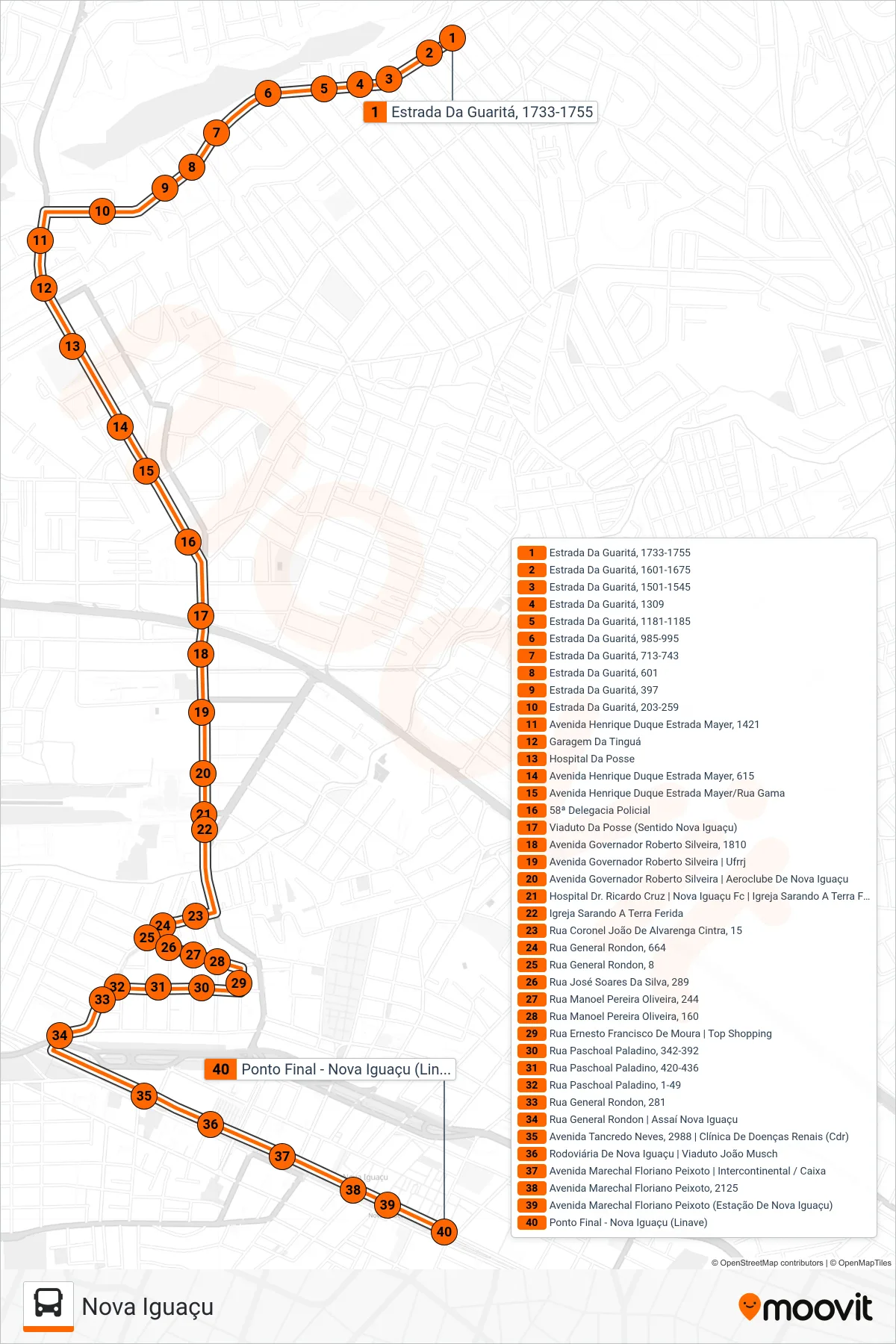 Rota e paradas da linha de ônibus 110 (Nova Iguaçu) no mapa
